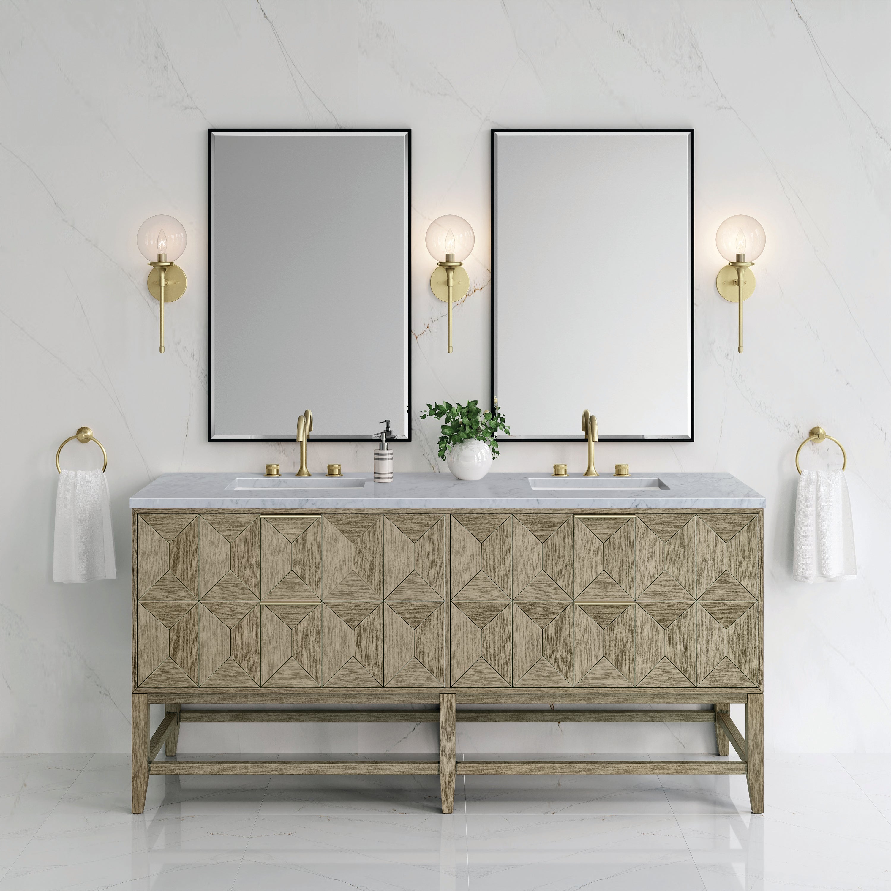 Emmeline 72 Inch Double Bathroom Vanity with Pebble Oak Finish & 3CM Carrara Marble Top - Perfect for Master Bathroom Renovation and Modern Home Decor