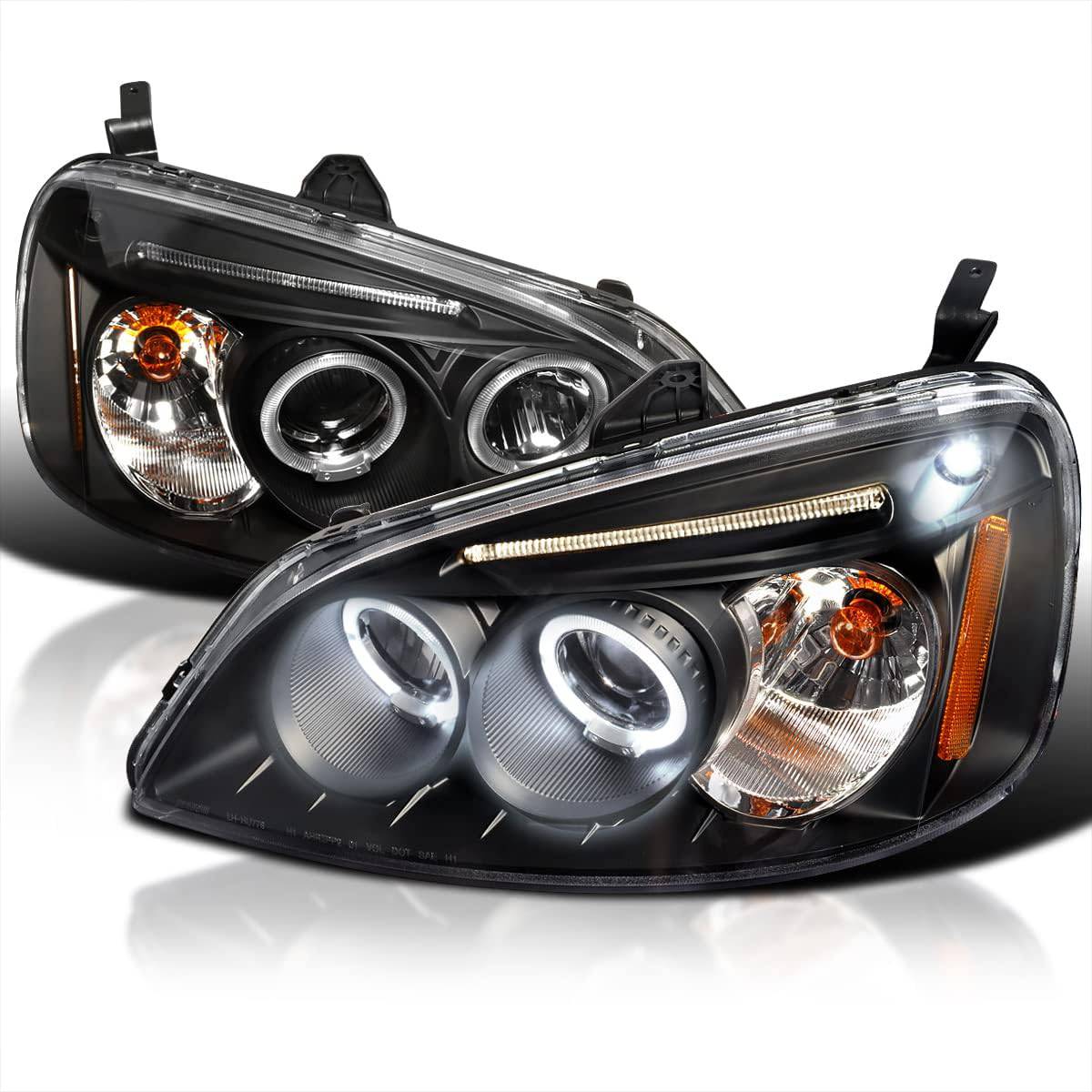 Dual Halo Projector Headlights for 2001-2003 Honda Civic - Black LED Halo Projector Headlamps - Upgrade Your Night Driving Visibility & Style