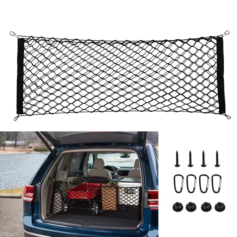 43.3” x 15.7” Universal Cargo Net Trunk Bed Extender - Heavy Duty Mesh Truck Bed Organizer with Metal Hooks - Car Exterior Accessories for Secure Storage - Perfect for SUVs, Pickup Trucks & Road Trips