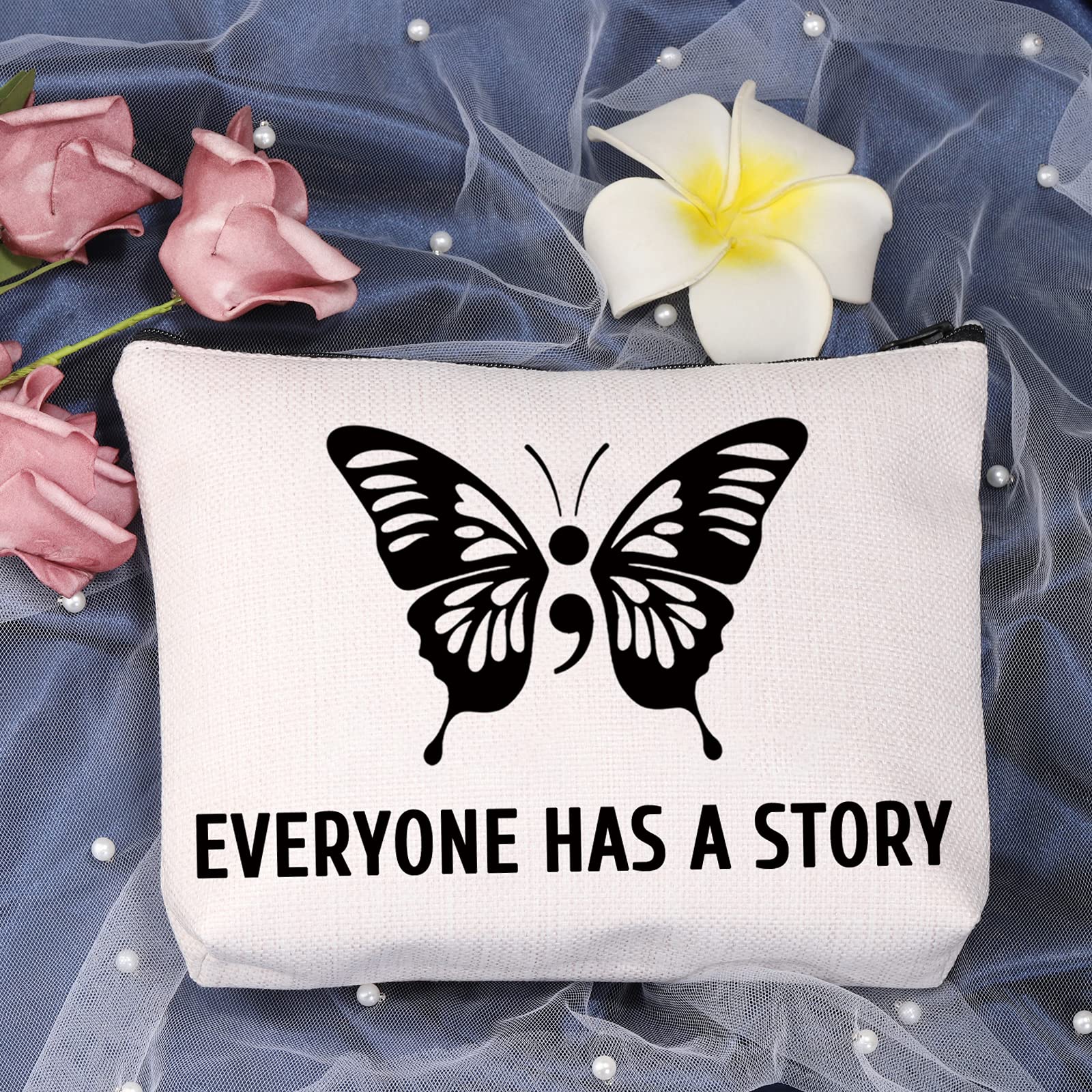 LEVLO Semicolon Butterfly Makeup Bag - Inspirational Mental Health Awareness Gift for Women (Everyone Has A Story) - Perfect for Suicide Prevention Support, Daily Cosmetics Storage & Thoughtful Present