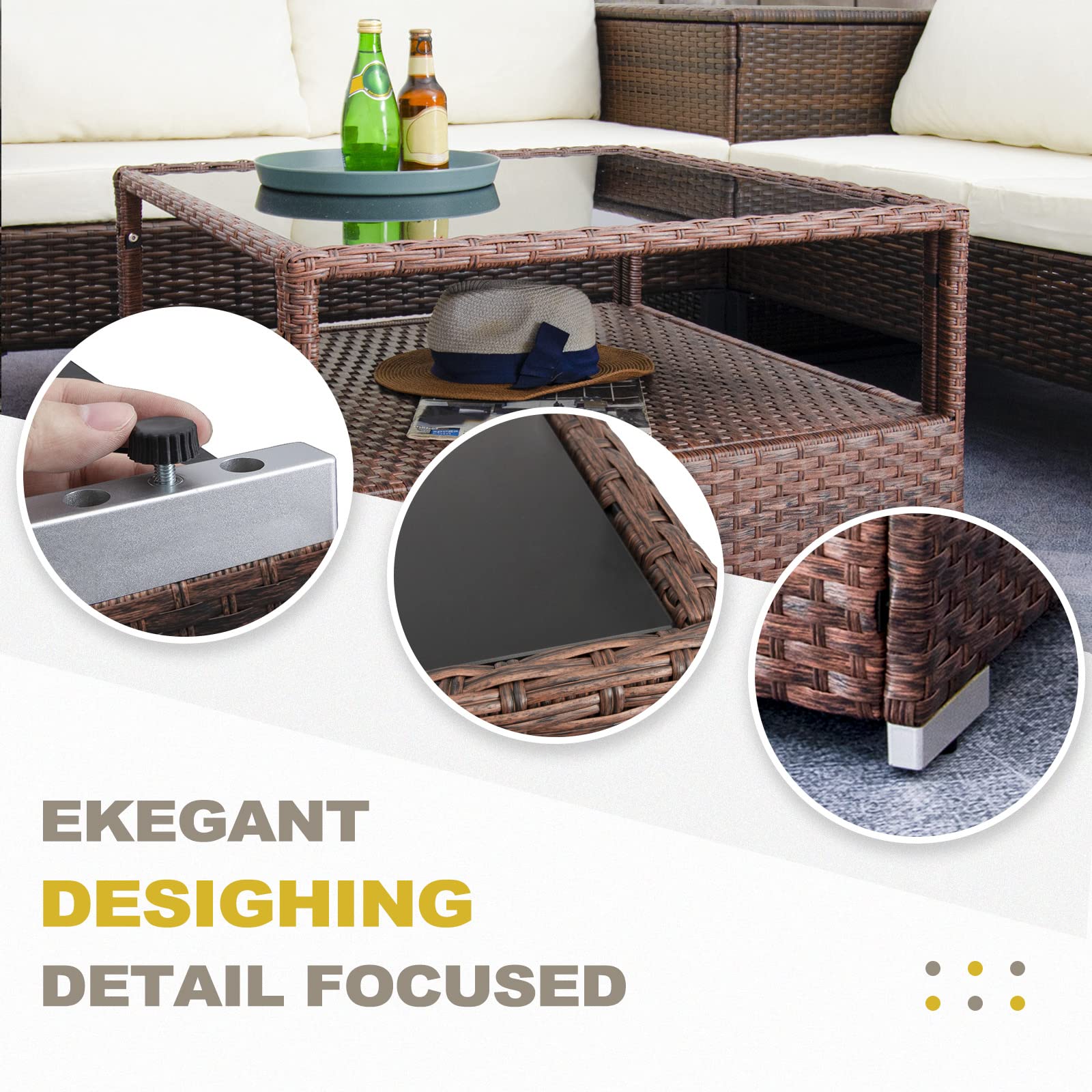 DIMAR GARDEN Outdoor Coffee Table - 29.5 Inch Wicker Patio Rattan Side Table with Tempered Glass Top & Storage Shelf, Mixed Brown - Perfect for Garden, Balcony, and Poolside Relaxation