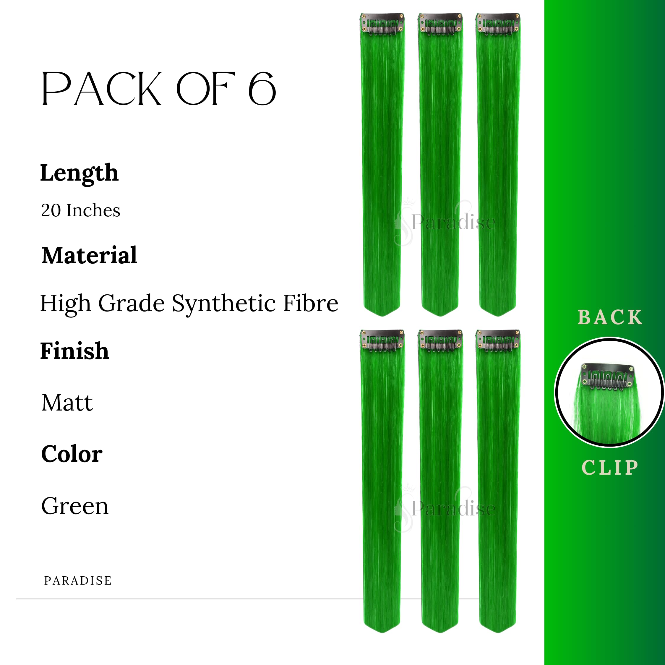 Paradise® Green Synthetic Hair Extensions 22 Inches - 6 Pack Clip-in Straight Hair Streaks for Women & Girls | Fun Party Hairstyle Accessories for Halloween, Cosplay & Festival Looks