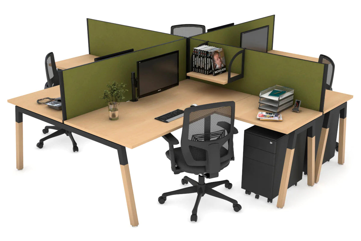 Quadro Wood A Legs Cross Beam 4-Person Corner Workstation Desk - 1600L x 1800W with Cable Management Scallop - Perfect for Office, Home Workspace & Collaborative Environments