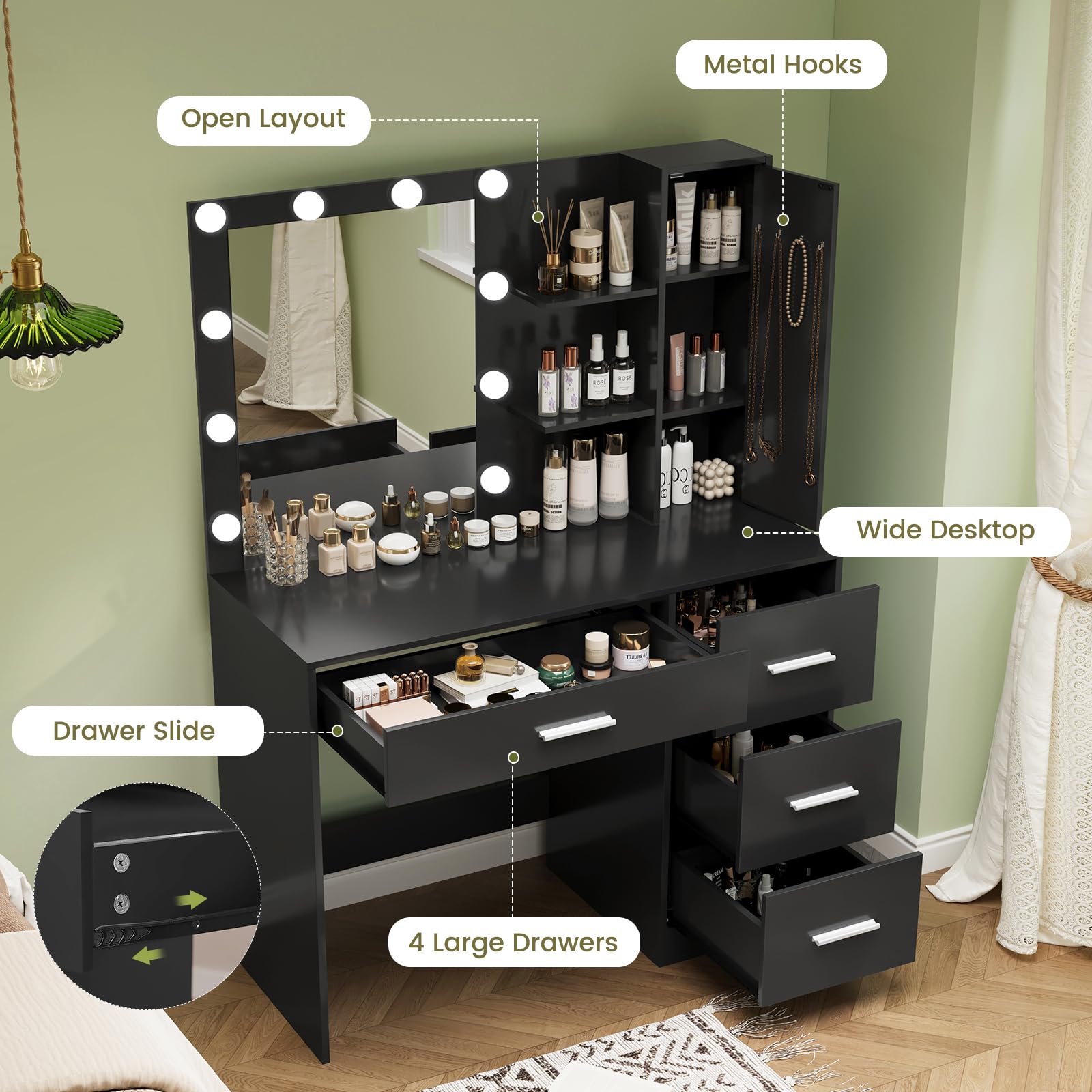 USIKEY Makeup Vanity with LED Lights - 10 LED Lighted Dressing Table with Mirror, 4 Drawers, Cabinet & Necklace Hooks - Black Bedroom Vanity Set for Women | Perfect for Makeup Application, Jewelry Storage & Home Decor
