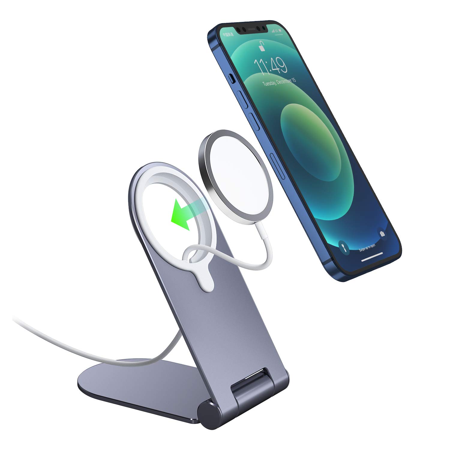 Adjustable Foldable MagSafe Charger Stand - Compatible with iPhone 12/12 Pro/12 Pro Max/12 Mini - Phone Charging Holder & Cradle for Desk, Nightstand, Office & Travel Use