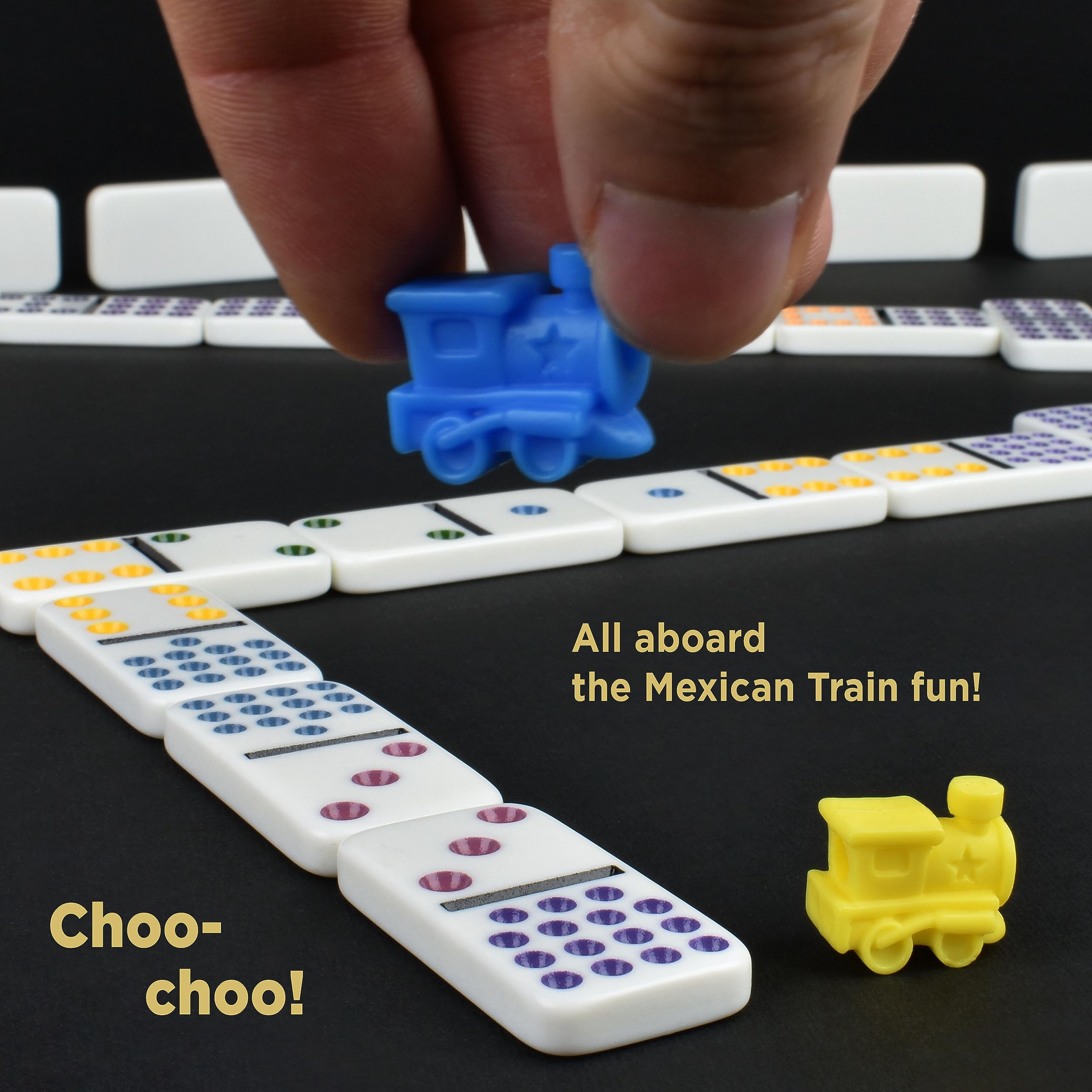 Queensell Mexican Train Dominoes Set Double 15 - 136 Color Dot Tiles with 9 Trains & Wooden Hub in Aluminum Case - Family Board Game for Adults & Kids | Perfect for Game Nights, Parties & Travel