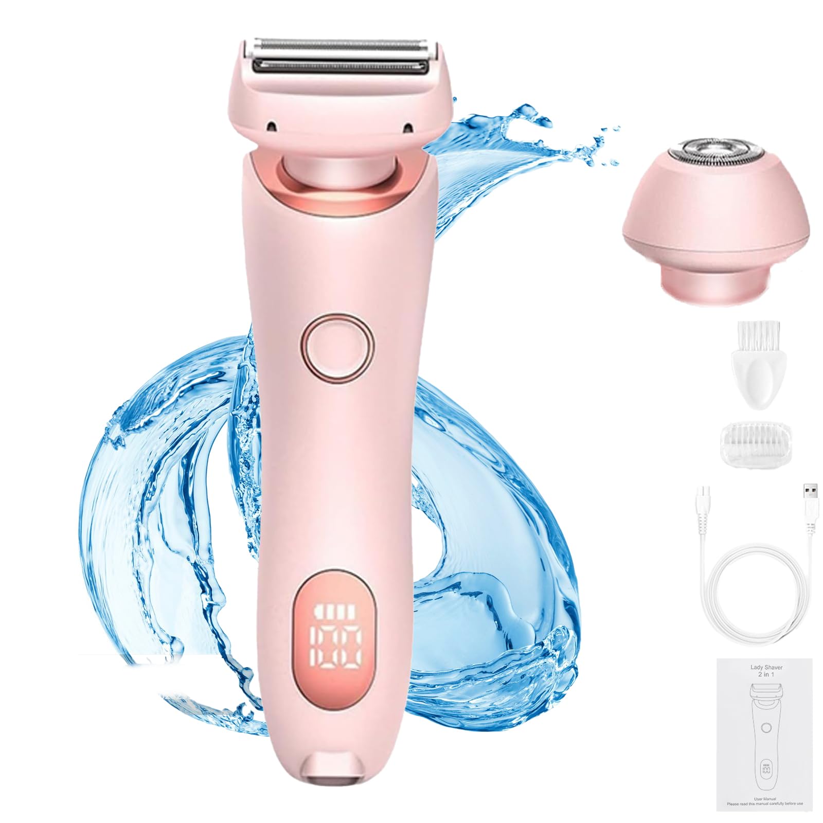 Bleumy 2-in-1 Painless Electric Razor for Women - Waterproof & Multifunctional Women's Shaver with LED Display (Pink) - Perfect for Travel, Bikini Line & Sensitive Skin Grooming