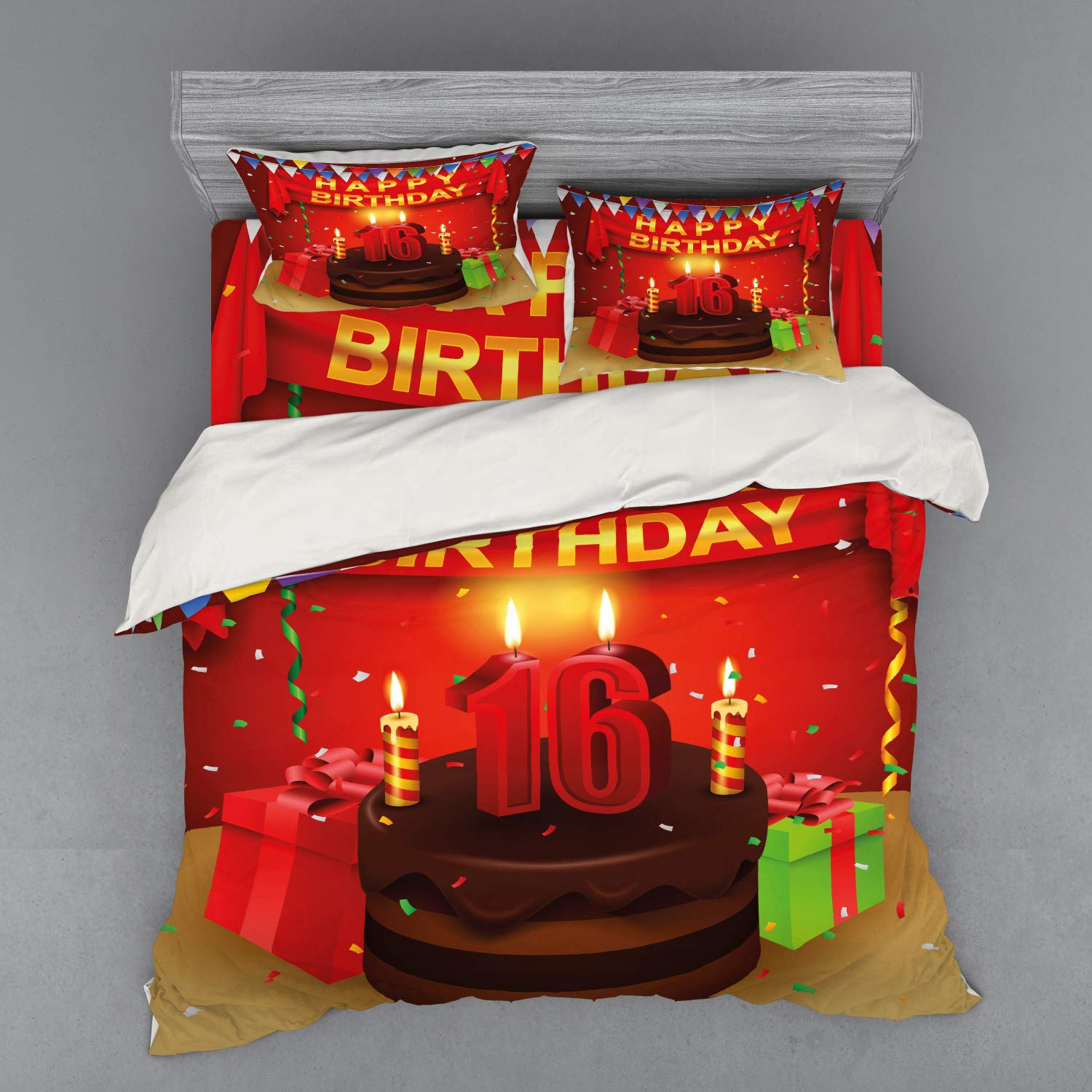 Ambesonne 16th Birthday Duvet Cover Set - 4 Piece King Size Bedding with Party Flags, Ribbons & Chocolate Cake Print - Includes Shams & Fitted Sheet - Perfect for Sweet 16 Celebrations & Teen Bedroom Decor