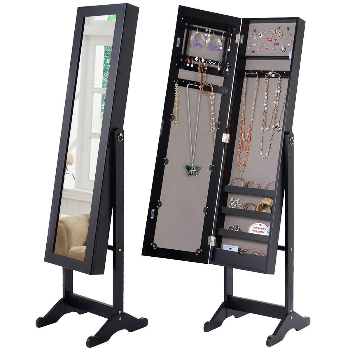 Black Wood Jewelry Storage Cabinet with Full-Length Mirror - Freestanding Floor Standing Organizer for Necklaces, Rings & Accessories - Perfect for Bedroom, Dressing Room & Closet Organization