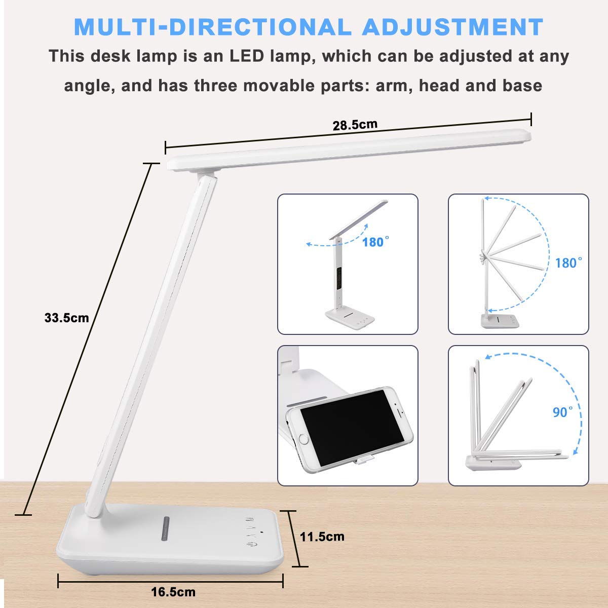 LED Desk Lamp with Wireless Charger & USB Port - Dimmable Office/Home Study Lamp with Built-in Clock, Calendar, Thermometer & Timer - Perfect for Reading, Working & Nightstand Use