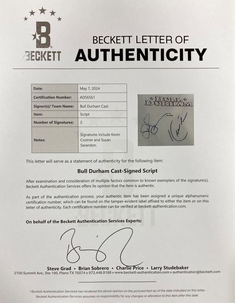Kevin Costner & Susan Sarandon Autographed Bull Durham Movie Script - Authentic Signed Memorabilia BAS AD56561 - Perfect for Film Collectors & Sports Fans Display