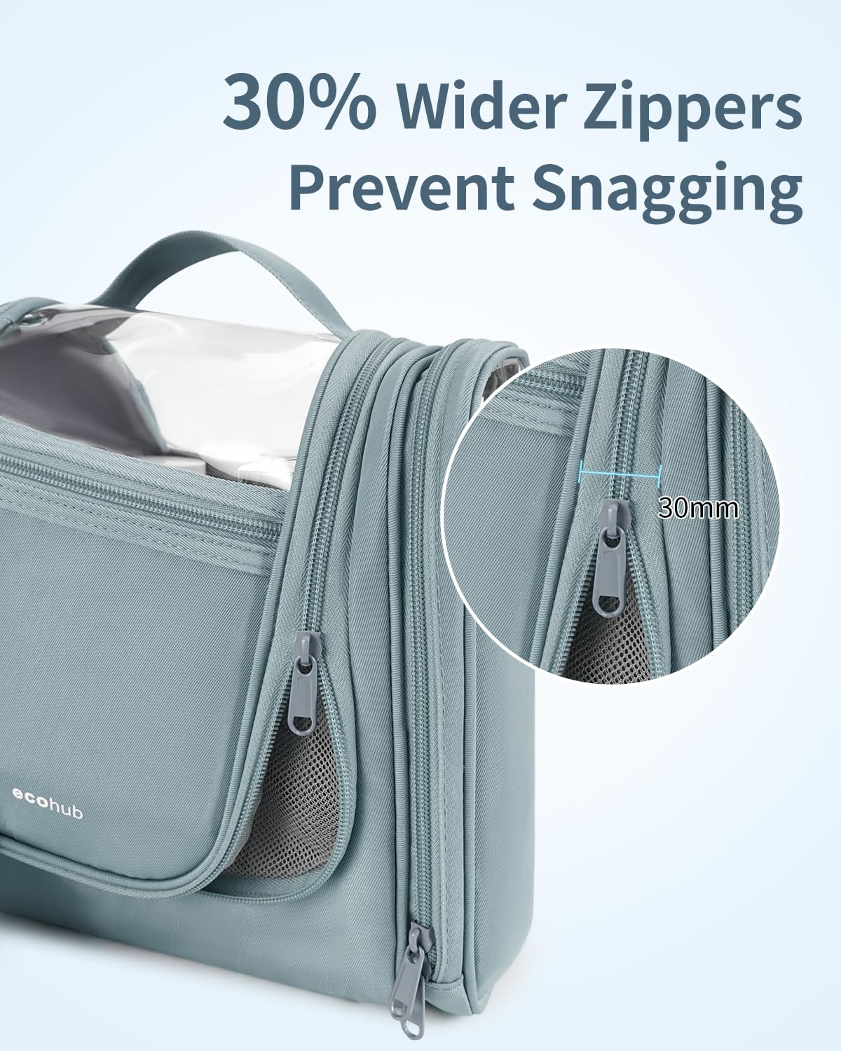 ECOHUB Hanging Travel Toiletry Bag for Women - Waterproof Makeup Organizer with Full-Size Containers, Grey Cosmetic Bag for Bathroom, Gym, Camping & Air Travel (Patent Pending)