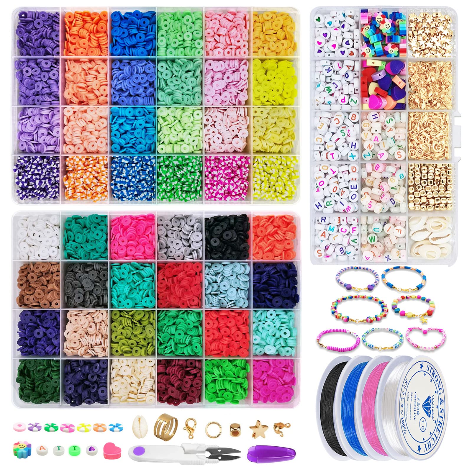 48 Color Polymer Clay Heishi Beads Kit - 3 Boxes with Clay Beads, Alphabet Beads, Smiley Face & Heart Spacers, Jump Rings, Elastic Cords - DIY Jewelry Making Supplies for Bracelets, Necklaces, Earrings - Perfect for Kids Crafts, Party Favors, and Handmade Gift Making