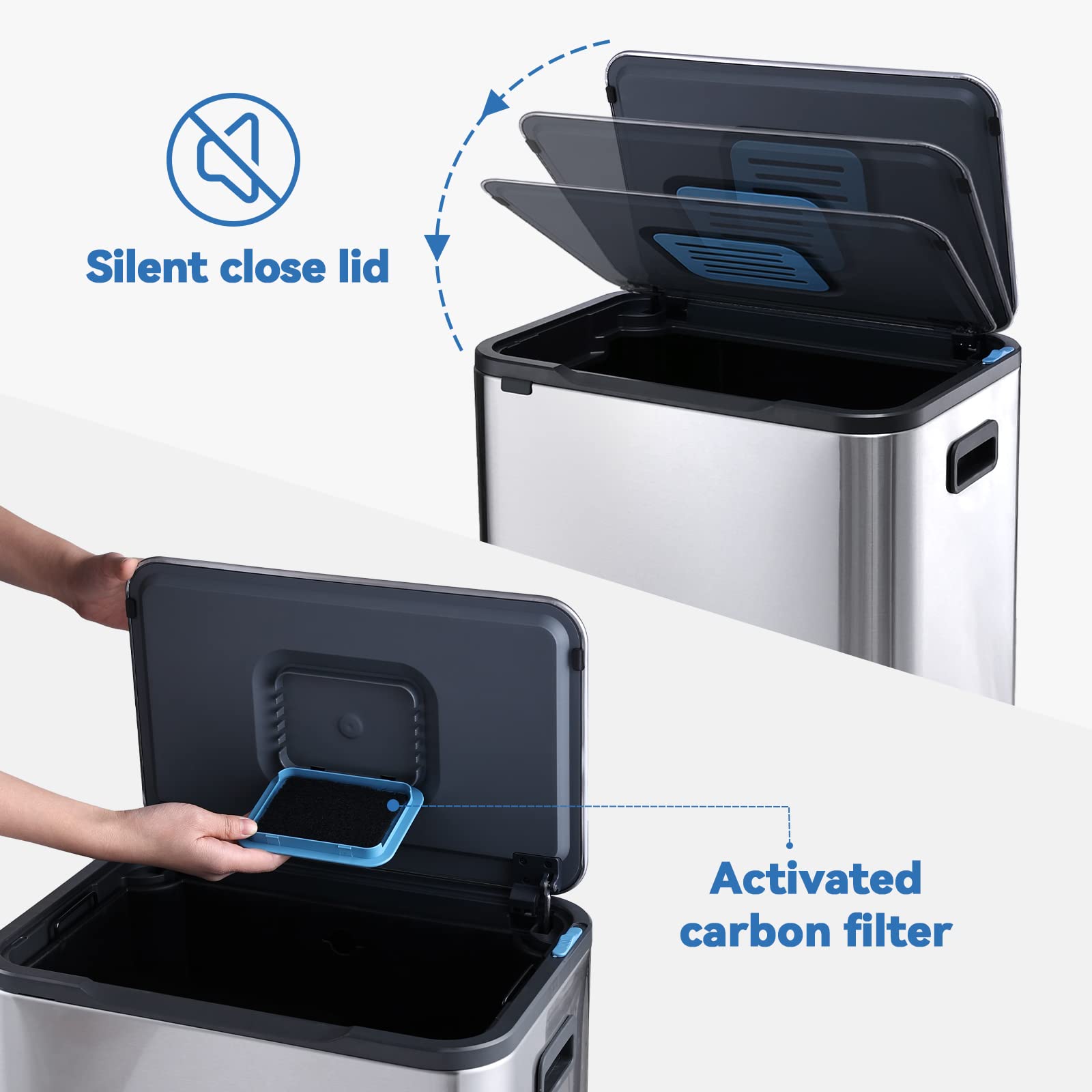 ELPHECO 13.2 Gallon Stainless Steel Trash Can with Soft Close Lid - 50L Pedal Garbage Bin, Removable Inner Bucket - Durable for Kitchen, Office & Outdoor Use - Perfect for Waste Disposal & Home Organization