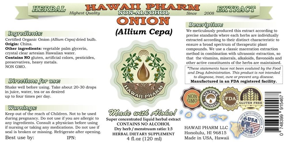 Alcohol-Free Onion Liquid Extract (Allium Cepa) - Natural Herbal Supplement | Dried Bulb Glycerite | 4 fl.oz Bottle by Hawaii Pharm USA | Supports Immune Health & Cooking Recipes