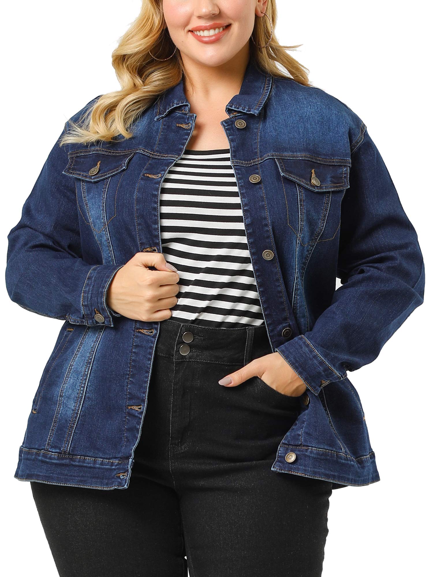 Women's Plus Size Denim Jean Jacket - Distressed Washed Button Front Stitching Design for Casual Outfits & Streetwear Fashion
