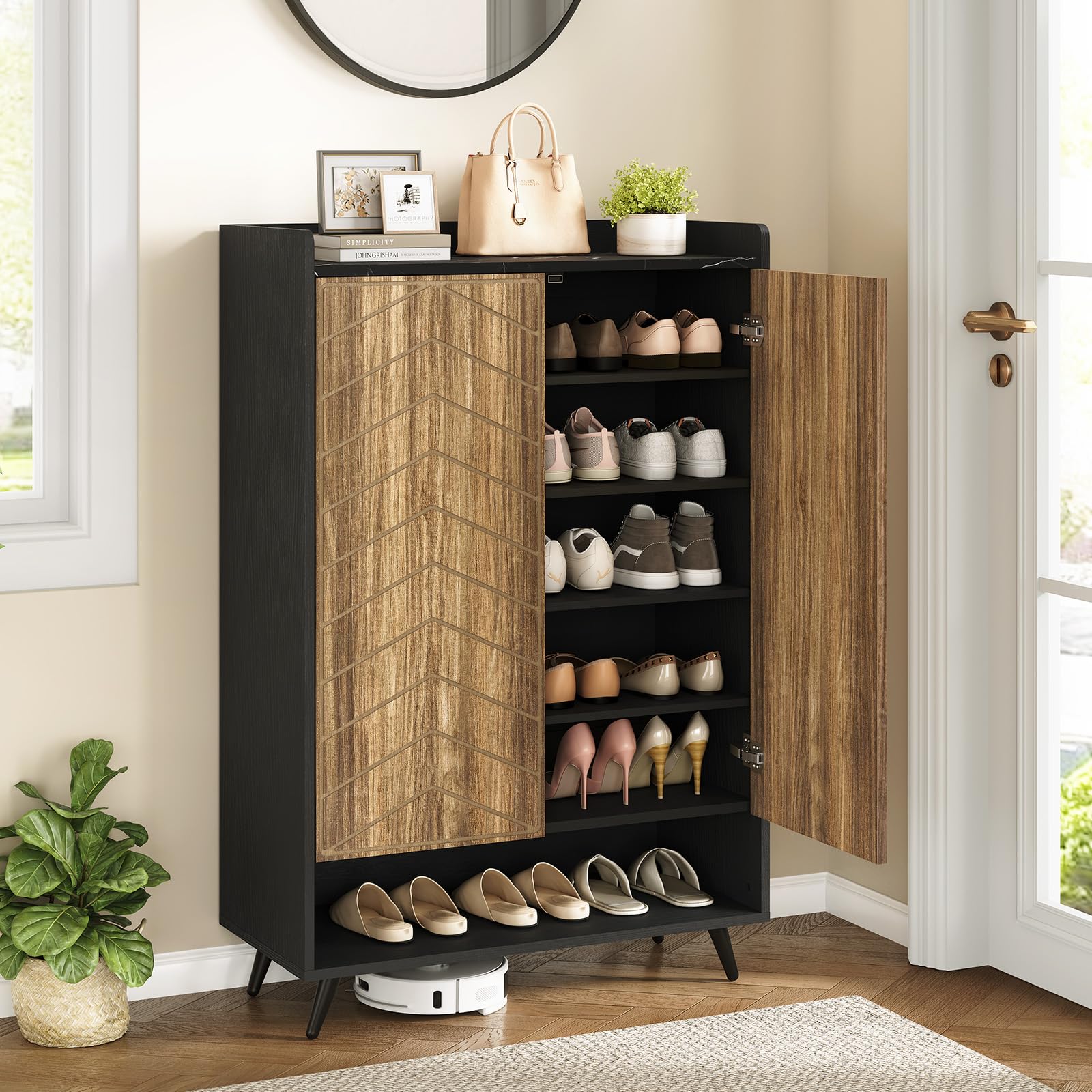 6-Tier Adjustable Shoe Storage Cabinet with Doors - Freestanding Shoe Organizer for Entryway, Hallway & Living Room - Black & Brown Shoe Rack with Bottom Storage Cubby - Perfect for Small Spaces & Clutter-Free Home Organization