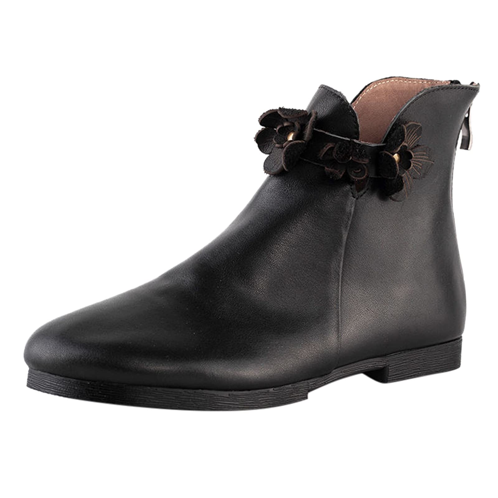 Women's Retro Slip-On Booties with Round Toe & Floral Zipper Detail - Trendy Comfortable Short Boots for Casual Wear, Date Night & Office Outfits