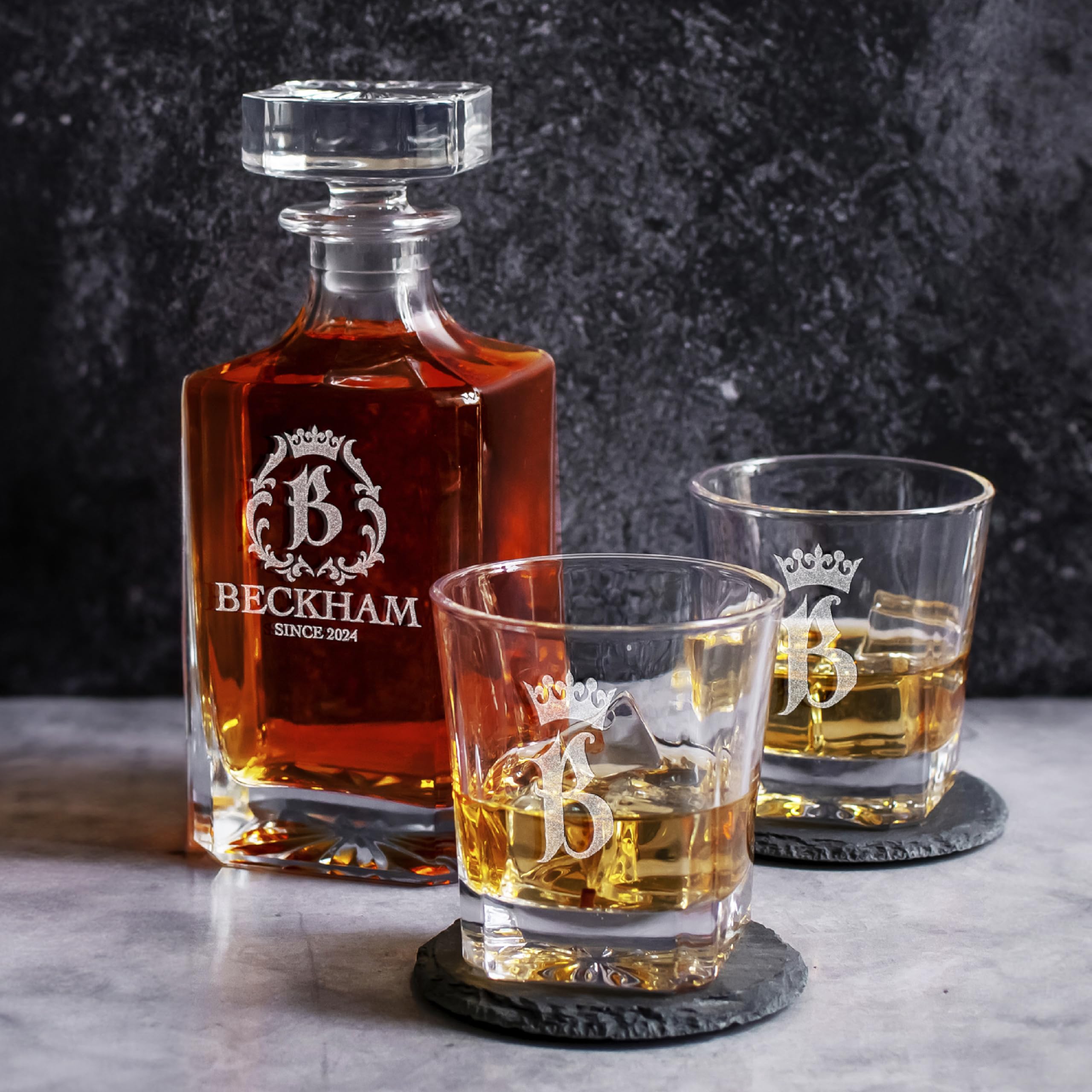 Personalized Whiskey Decanter Set with 2 Glasses - Engraved 25oz Liquor Decanter Gift for Men - Custom Monogram Barware for Birthday, Retirement & Anniversary - Perfect for Home Bars, Man Caves & Gifting