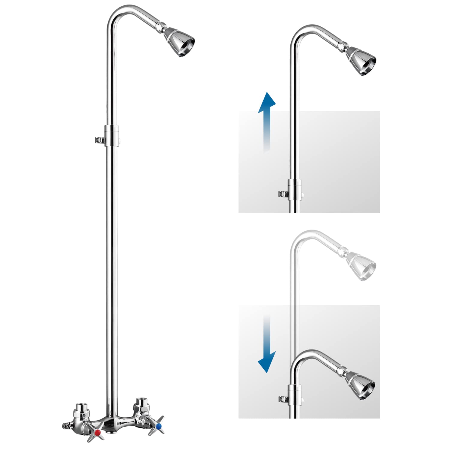 Polished Chrome Outdoor Shower System - Wall Mounted Exposed Shower Kit with Adjustable Slider, Dual Cross Handles & Brass Faucet Mixer Valve - Perfect for Poolside, Garden, Backyard & Beach Showers