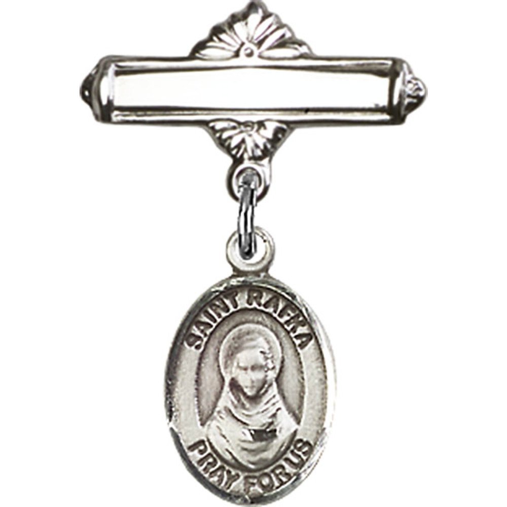 Sterling Silver Baby Badge with St. Rafta Charm - 1 X 5/8 Inch Polished Pin - Perfect for Christening, Baptism, and First Communion Gifts
