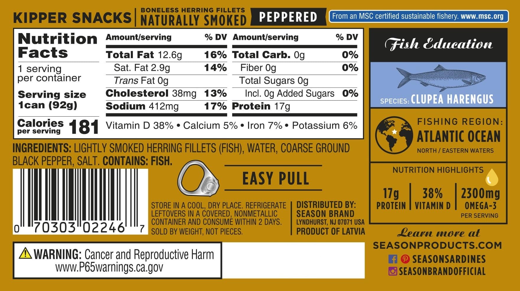Premium Smoked Boneless Herring Fillets - Wild Caught, Keto-Friendly Kipper Snacks, High Protein (18g) & Omega-3 (1800mg), Non-GMO, Sustainably Sourced - Perfect for Camping, Office Snacks & Low-Carb Diets - 12 Pack (3.25 Oz Each)