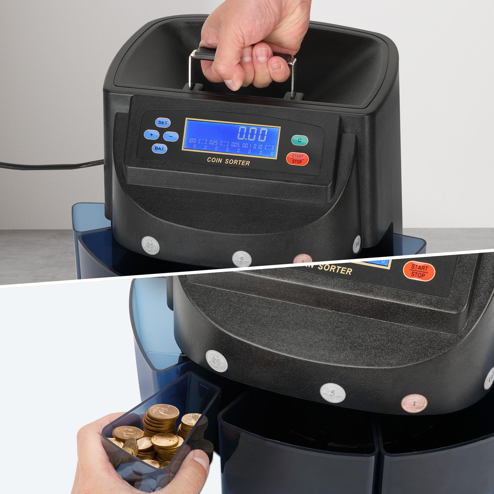 XD-9005 High-Speed Coin Counter & Sorter Machine - Automatic Coin Counting for US Coins (Pennies, Nickels, Dimes, Quarters & Dollars) with Free Coin Wrappers - 270 Coins/Min Counting Speed - Perfect for Banks, Retail Stores & Home Use