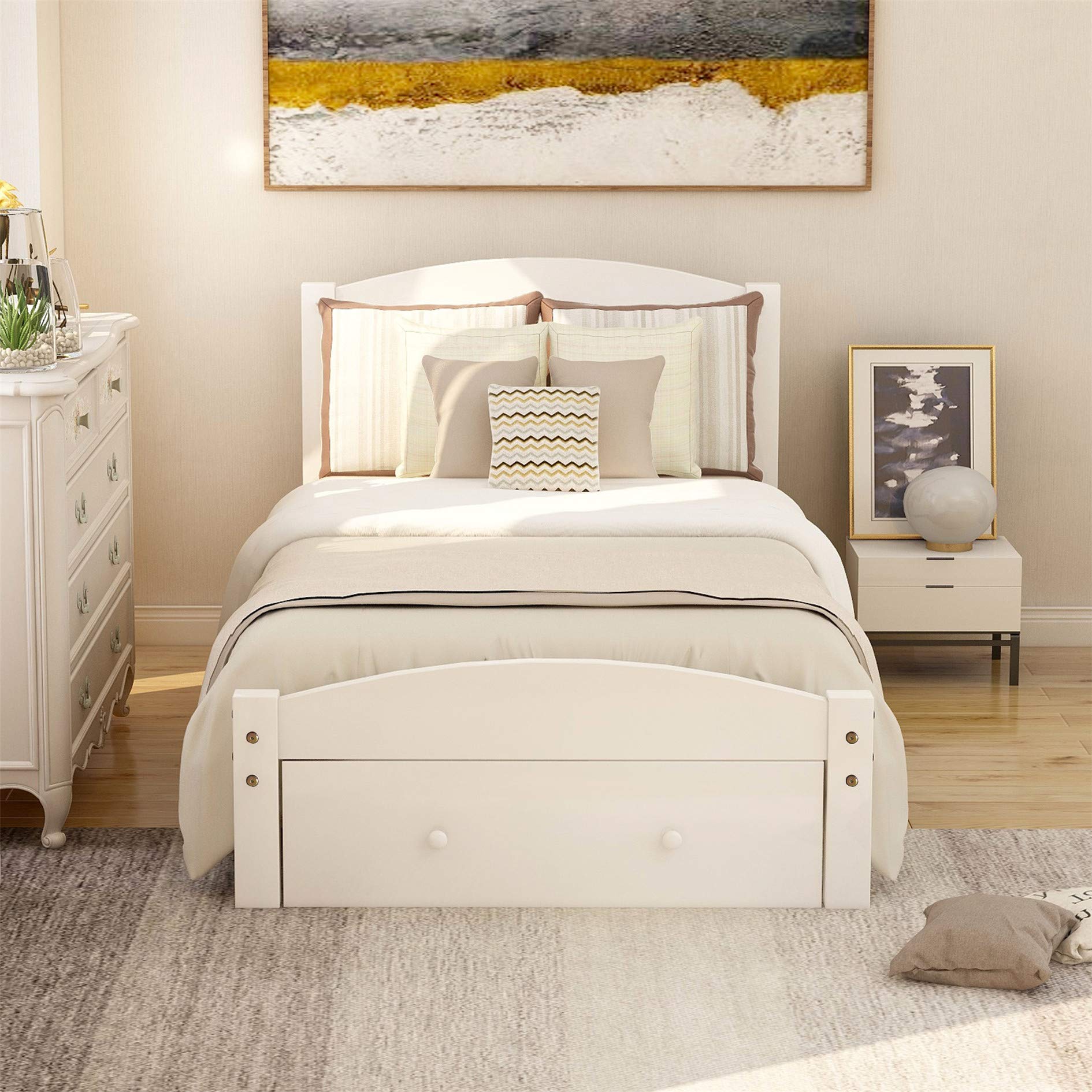 MERITLINE Twin Bed Frame with Storage Drawers - Wooden Platform Bed with Headboard & Slat Support - No Box Spring Required - White - Perfect for Small Spaces, Guest Rooms & Dormitories