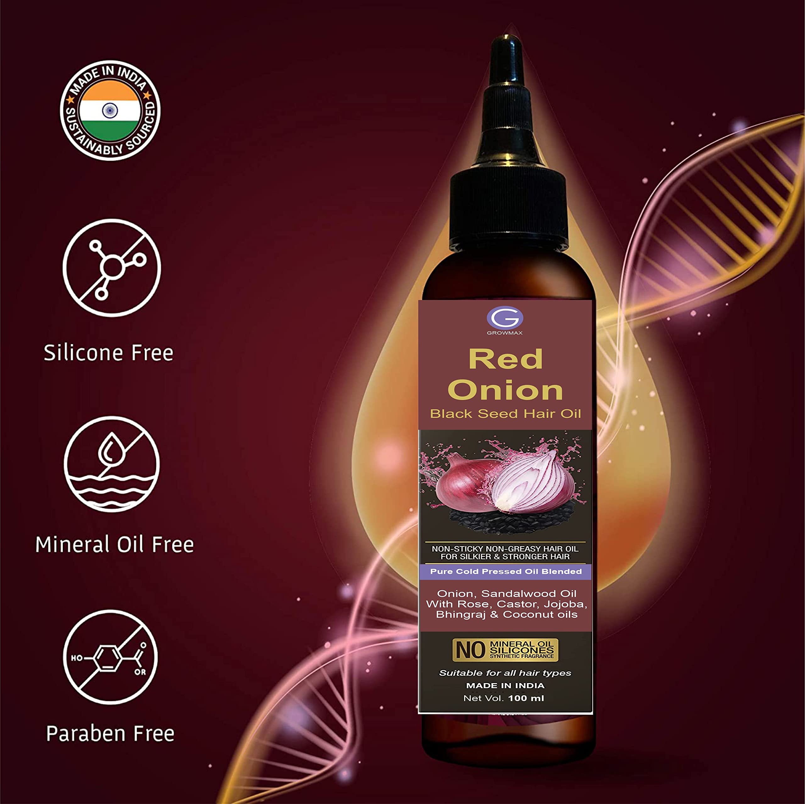Rotex Growmax Red Onion Hair Oil - 100ml with 30 Oils & Extracts for Silkier, Stronger Hair - Argan Oil, Castor Oil, Bhringraj, Almond Oil (No Mineral Oil) - Promotes Hair Growth & Reduces Hair Fall - Perfect for Daily Hair Care & Scalp Treatment