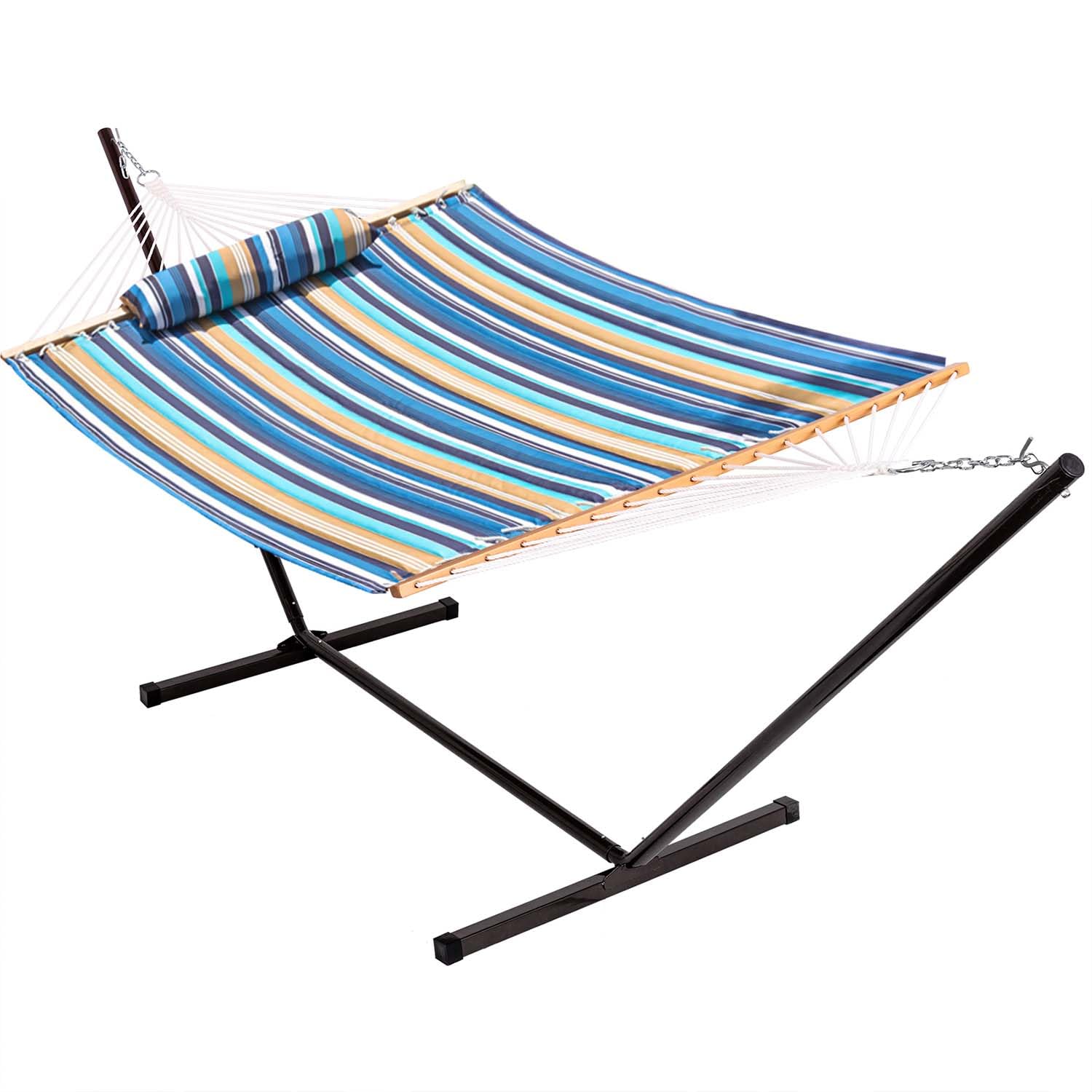 Lazy Daze Quilted Fabric Double Hammock with 12-Foot Stand - 2-Person Outdoor Hammock with Pillow for Patio, Garden, Backyard & Beach - 450LB Capacity - Perfect for Relaxing, Lounging & Napping in Your Outdoor Space