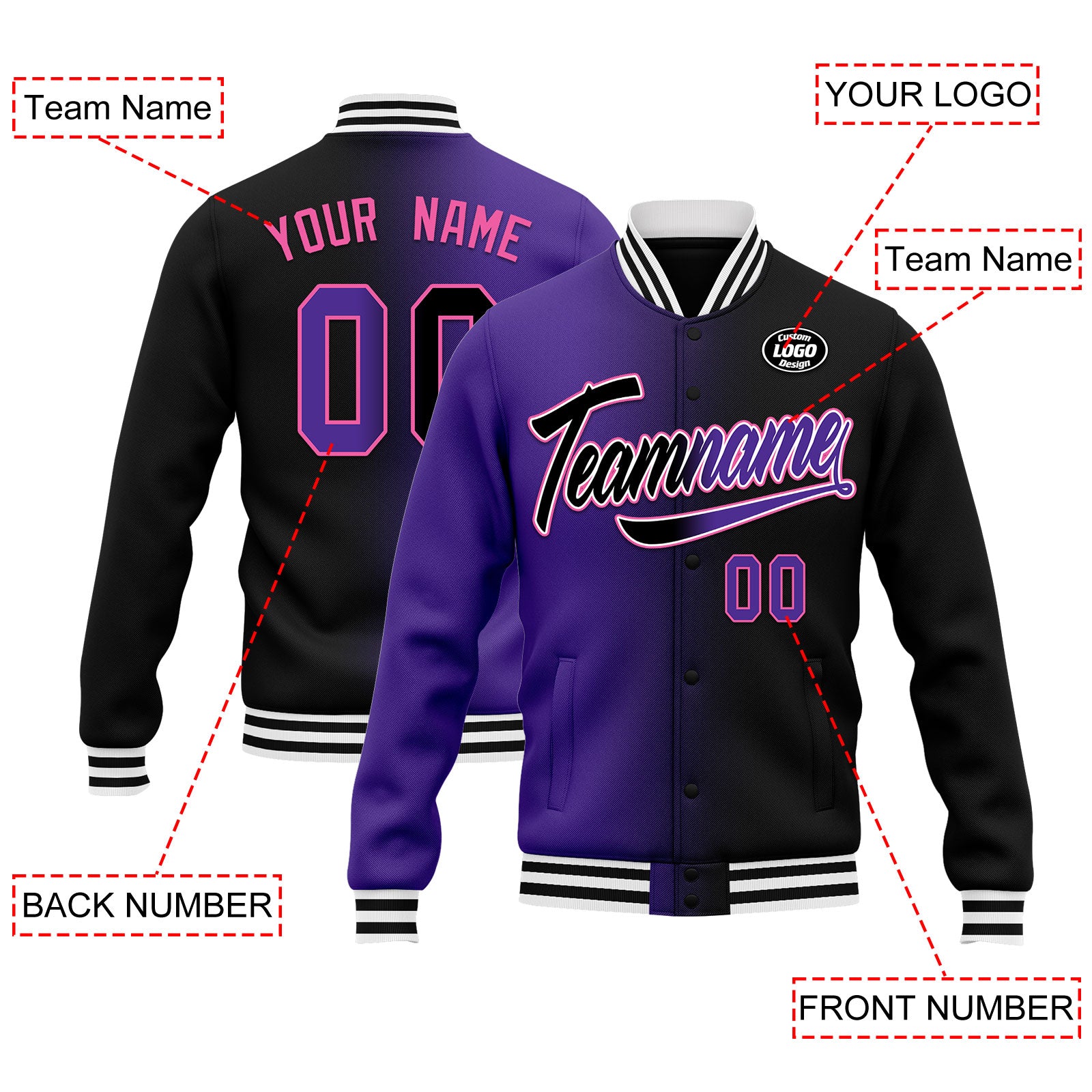 Custom Gradient Bomber Jacket - Personalized Varsity Letterman Jacket with Full Snap Closure | Fashionable & Stylish Outerwear for Men & Women | Perfect for Casual Wear, Street Style & School Events