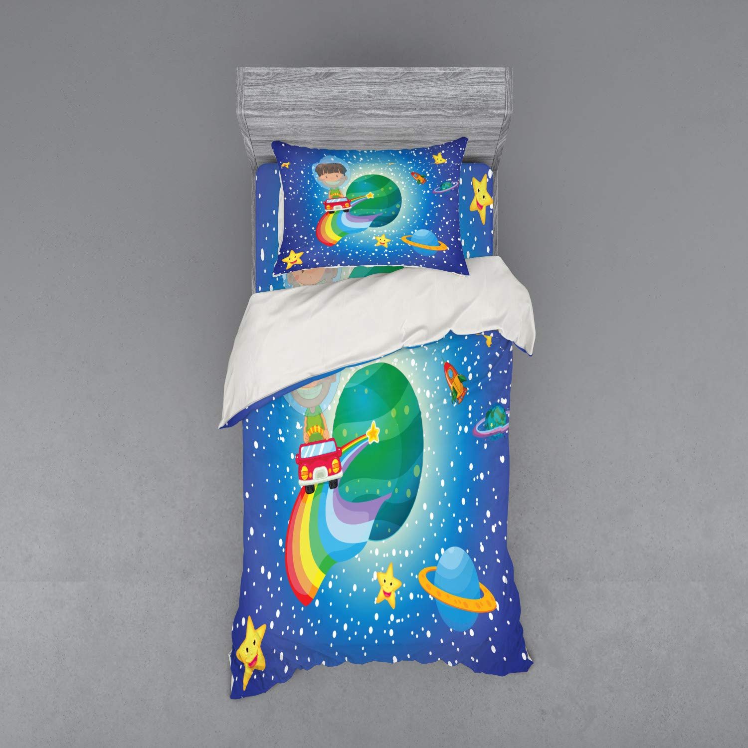 Lunarable Cars Duvet Cover Set - Cartoon Space Boy Driving Among Happy Stars & Planets - 3 Piece Twin XL Bedding Set with Pillow Sham & Fitted Sheet - Multicolor Galaxy Themed Kids Room Decor for Boys Bedroom & Space Enthusiasts