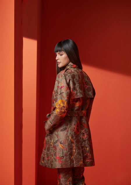 Premium Olive Green Trench Coat - Elegant Silk Brocade Outerwear for Women | Perfect for Fall Fashion, Office Wear & Special Occasions