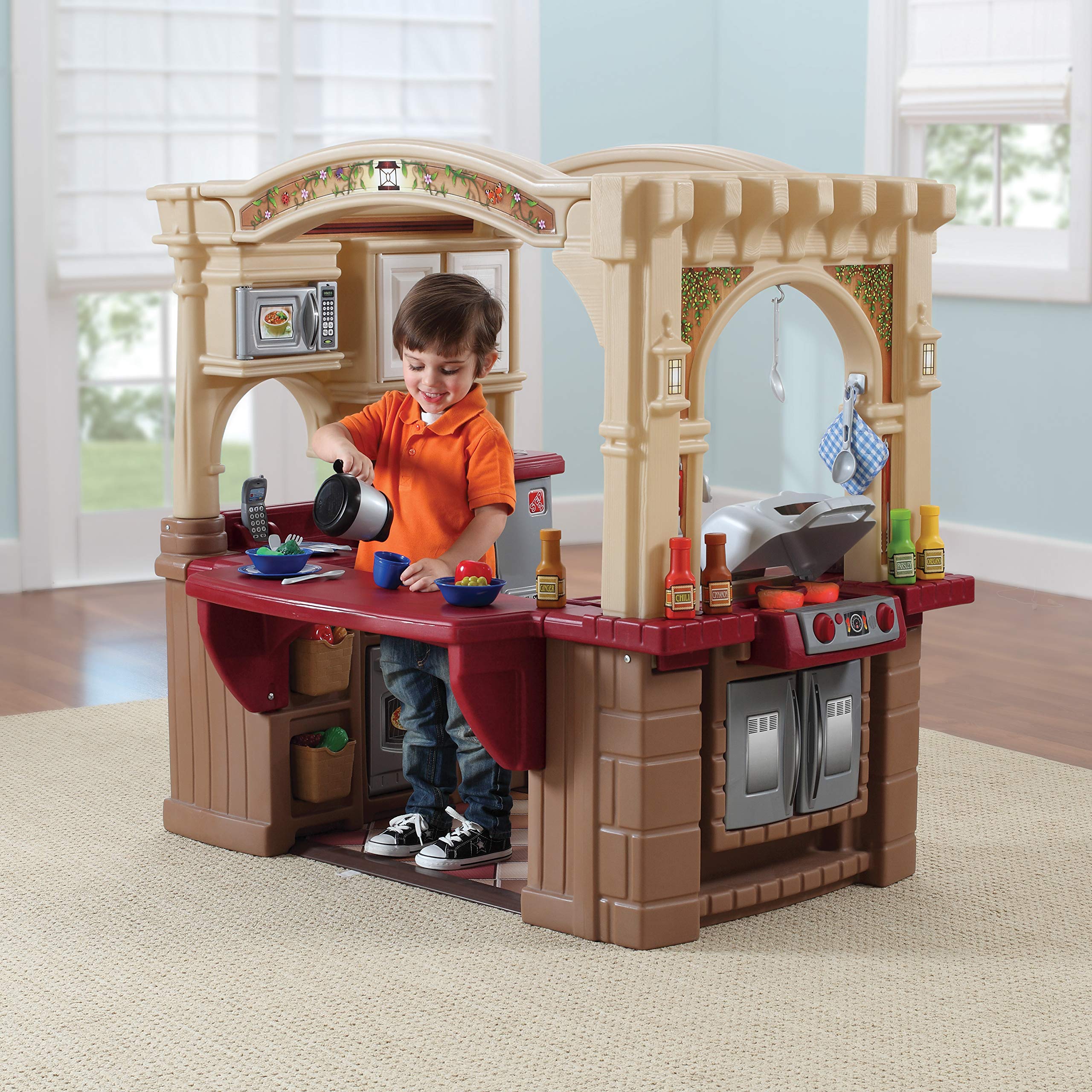 Step2 Grand Walk-In Kitchen & Grill Kids Playset - Indoor/Outdoor Pretend Play Kitchen with Lights & Sounds - 103-Piece Durable Plastic Toy Accessories for Toddlers Ages 2+ (Brown/Tan) - Perfect for Backyard, Playroom & Preschool Imaginative Play