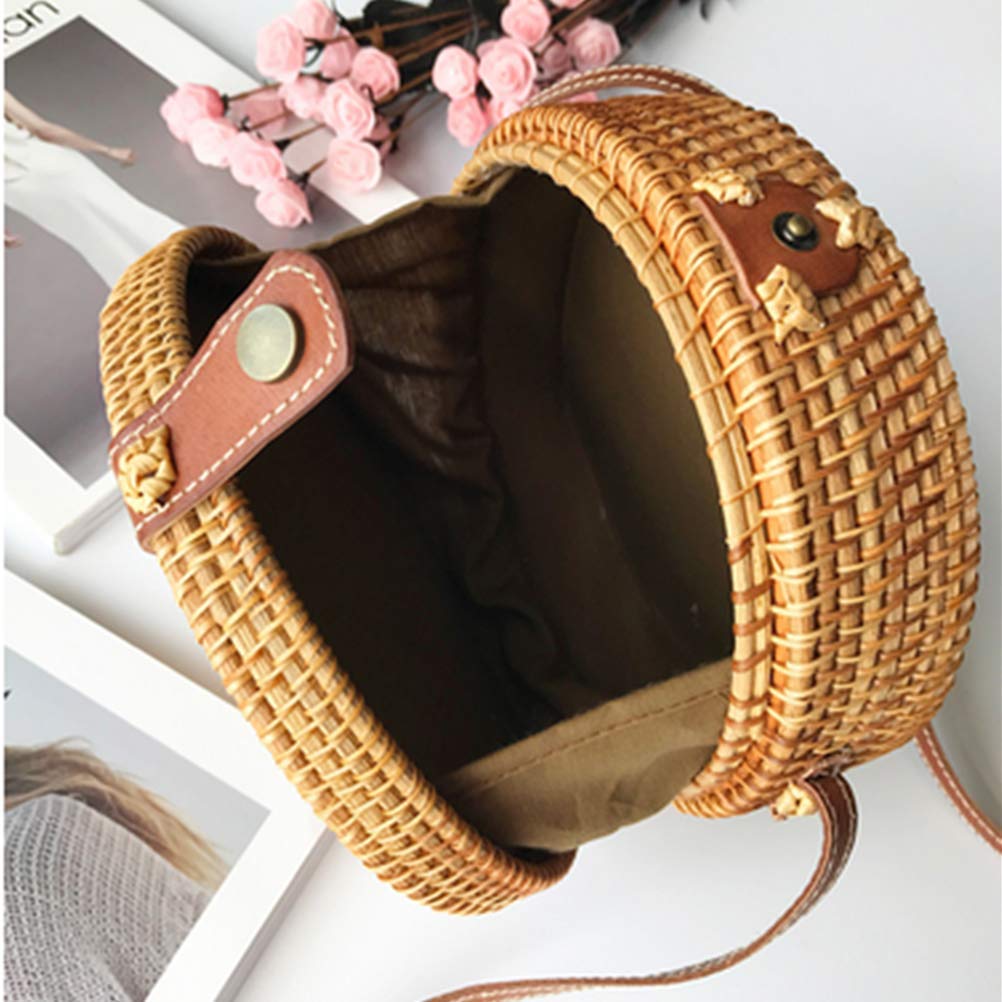 Round Rattan Handbag for Women - Handwoven Straw Crossbody Shoulder Bag with Leather Strap - Summer Beach Purse in Bamboo Style - Perfect for Vacation, Travel & Boho Fashion