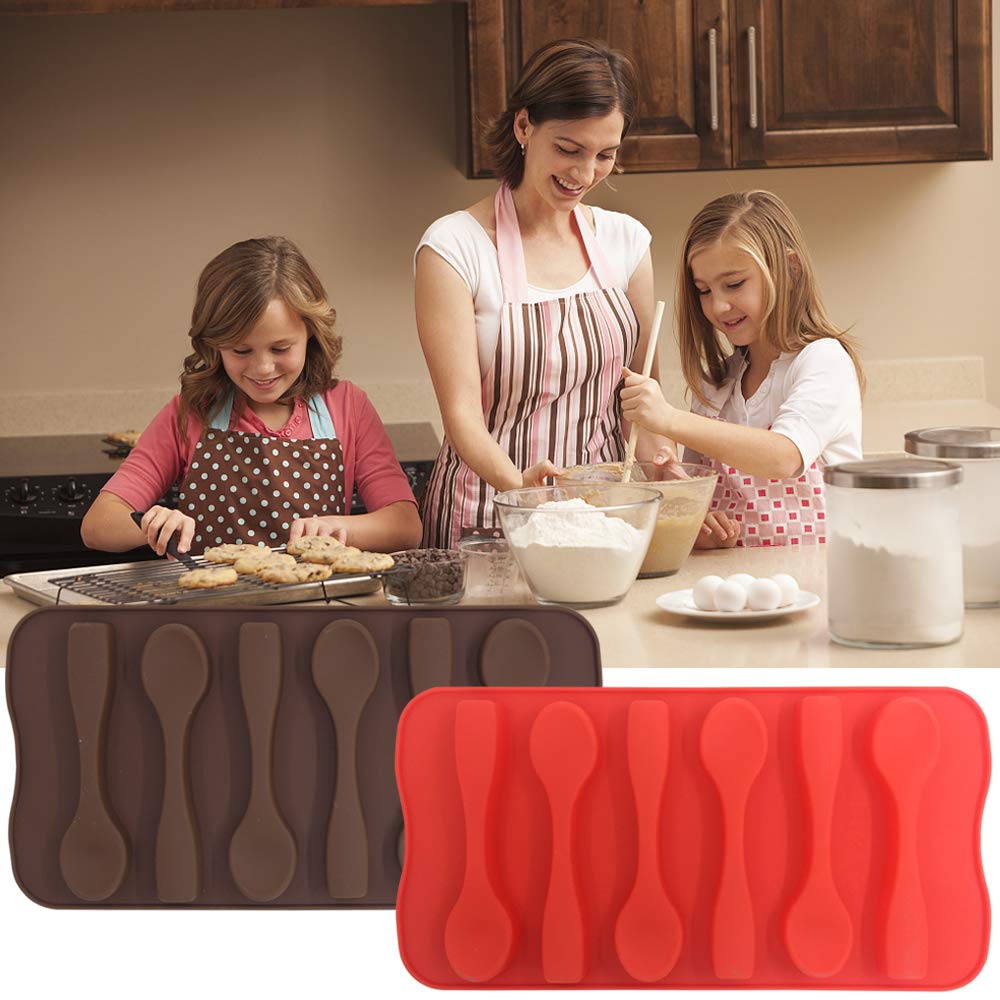 4 Pack Silicone Spoon Molds for Chocolate & Candy Making - DIY Chocolate Spoon Molds for Baking, Party Favors, Holiday Decor (Red & Brown) - Perfect for Valentine's Day, Christmas & Birthday Treats