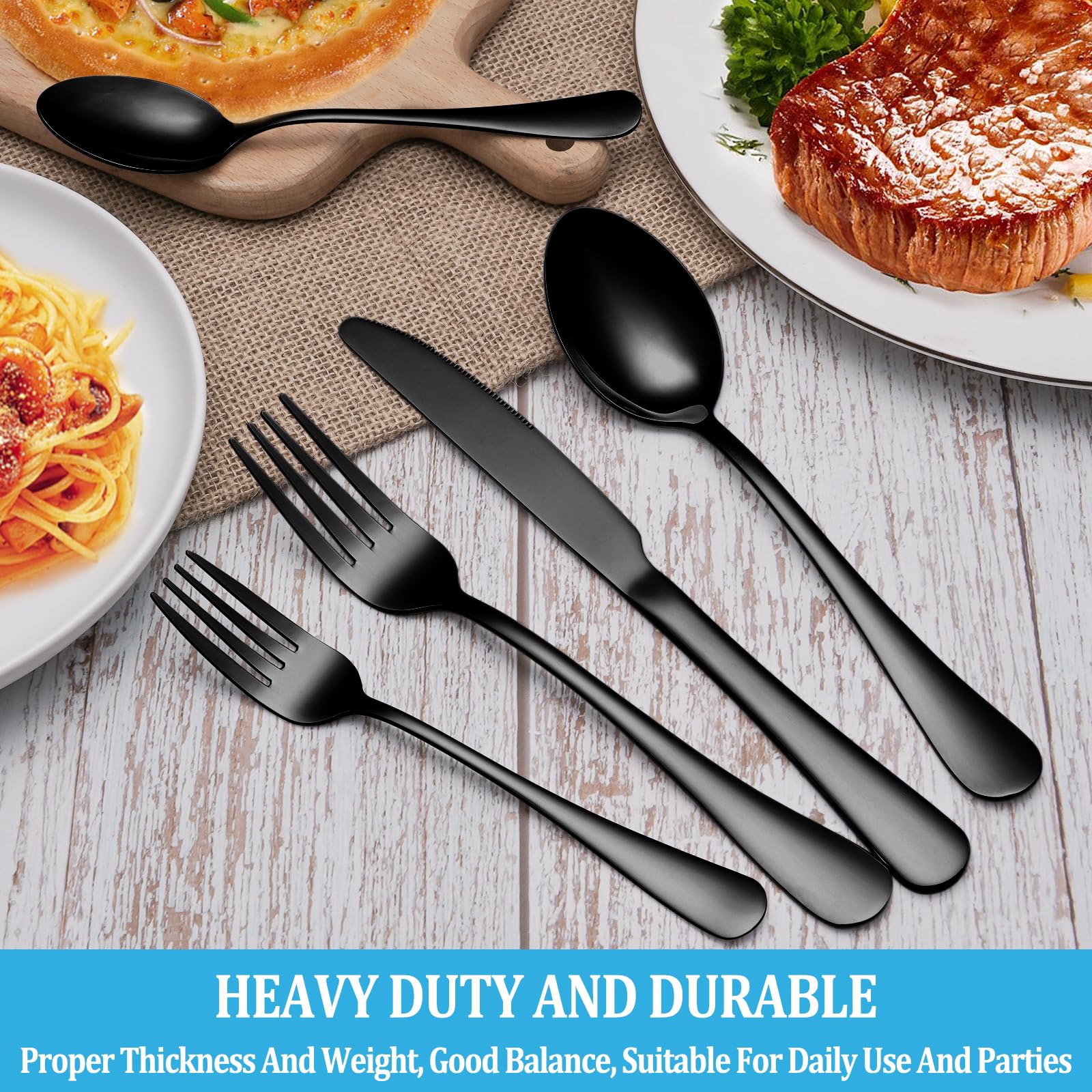 50-Piece Black Stainless Steel Flatware Set for 10 - Mirror Polished Cutlery Utensils with Forks, Knives & Spoons - Durable Dishwasher Safe Kitchen & Dining Tableware - Perfect for Home, Restaurant & Party Use