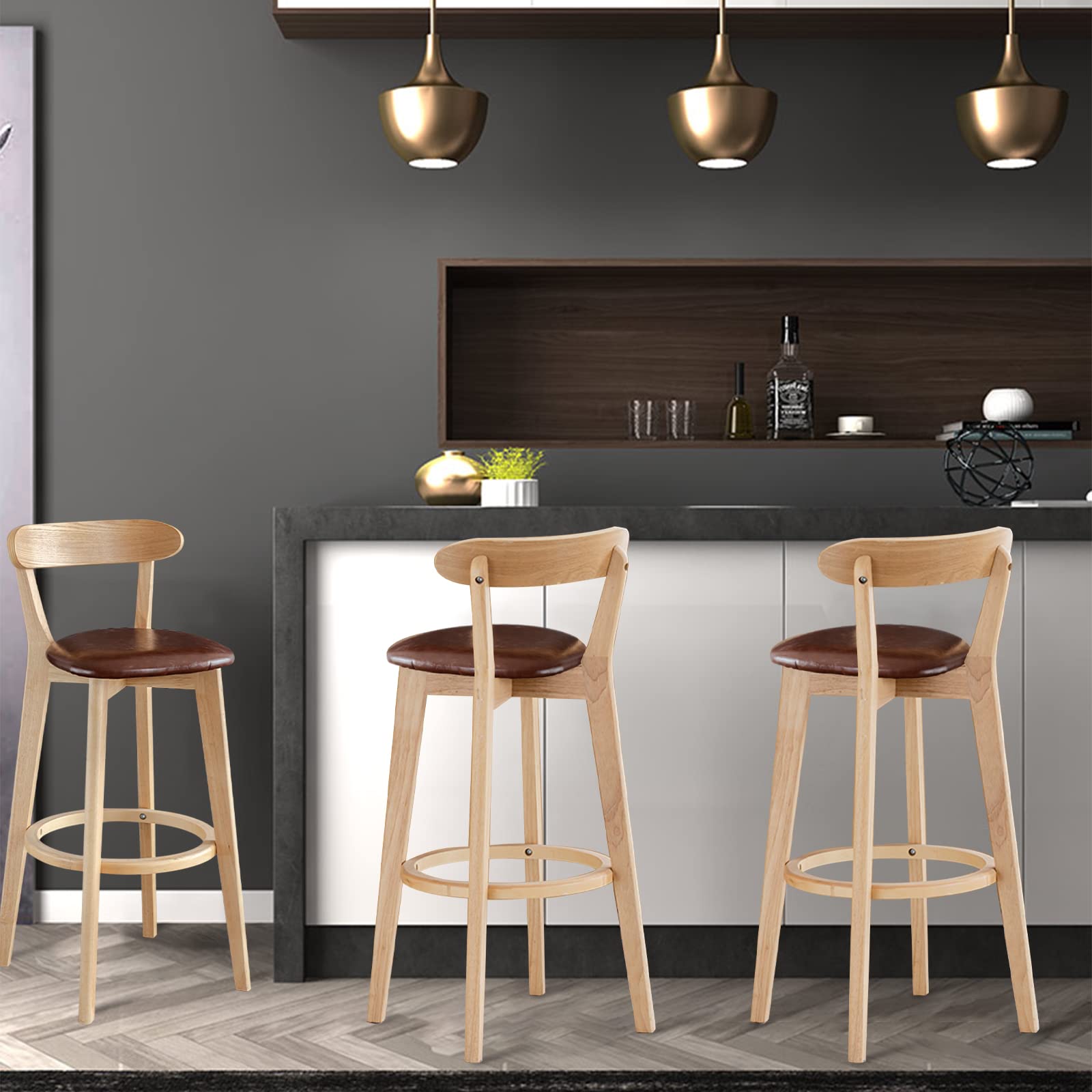 Premium Wooden Breakfast Bar Stool with Backrest & Armrest - PU Leather Upholstered Kitchen Counter Height Chair for Dining Room, Kitchen Island & Home Bar