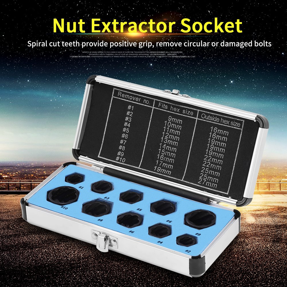 10 Pcs Impact Bolt Nut Removal Extractor Socket Tool Set - Damaged/Frozen/Rusted Bolt & Nut Remover with Storage Case - Ideal for Automotive Repair, Machinery Maintenance & DIY Projects