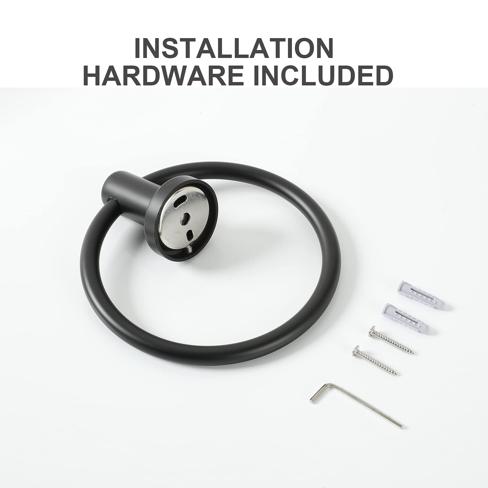 Premium Matte Black Towel Ring - 2 Pack SUS 304 Stainless Steel Bathroom Towel Holder with Wall Mount Hardware (Drill Required) - Durable Round Hand & Bath Towel Hanger for Modern Bathroom Decor