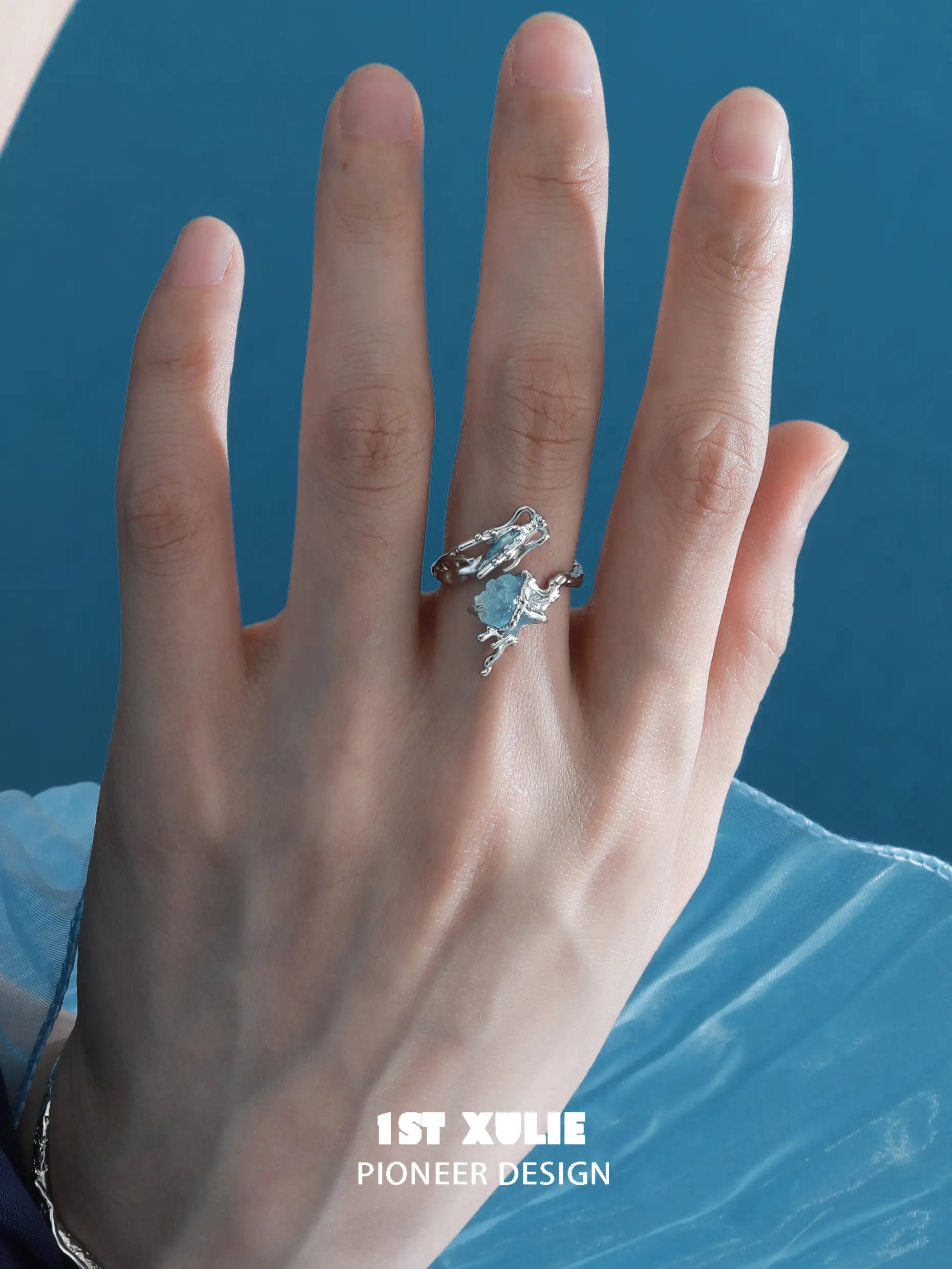 Loong Ling Loong Aquamarine S925 Sterling Silver Adjustable Open Ring for Women - Elegant Stackable Boho Jewelry Gift for Birthday, Anniversary & Everyday Wear