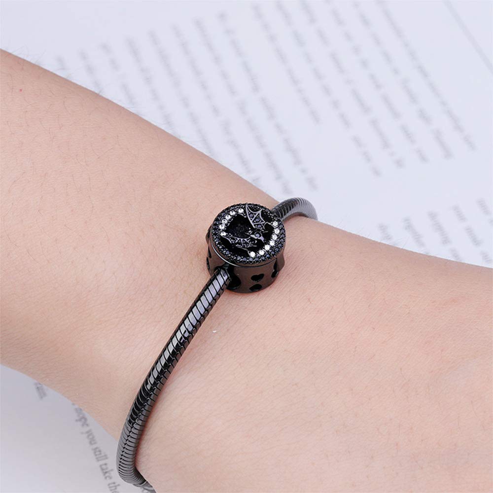 GNOCE Black Bat Bead Charm - Sterling Silver Essential Oil Diffuser Pendant - Gothic Jewelry Gift for Wife, Girlfriend - Perfect for Bracelets & Necklaces - Ideal for Halloween, Christmas, New Year Gifts - Witchy Aesthetic & Boho Fashion Accessory