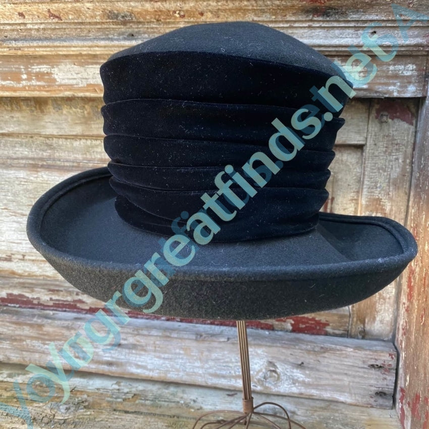 Vintage Black Wool & Velvet Modified Top Hat by Eric Javits - Steampunk Fashion, Gothic Costume, Victorian Style Accessory for Halloween, Cosplay & Formal Events