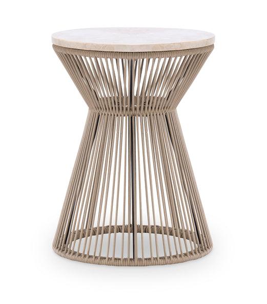 Biscayne Round Rope End Table with Travertine Top - Beige Coastal Side Table for Living Room, Bedroom, or Patio Decor
