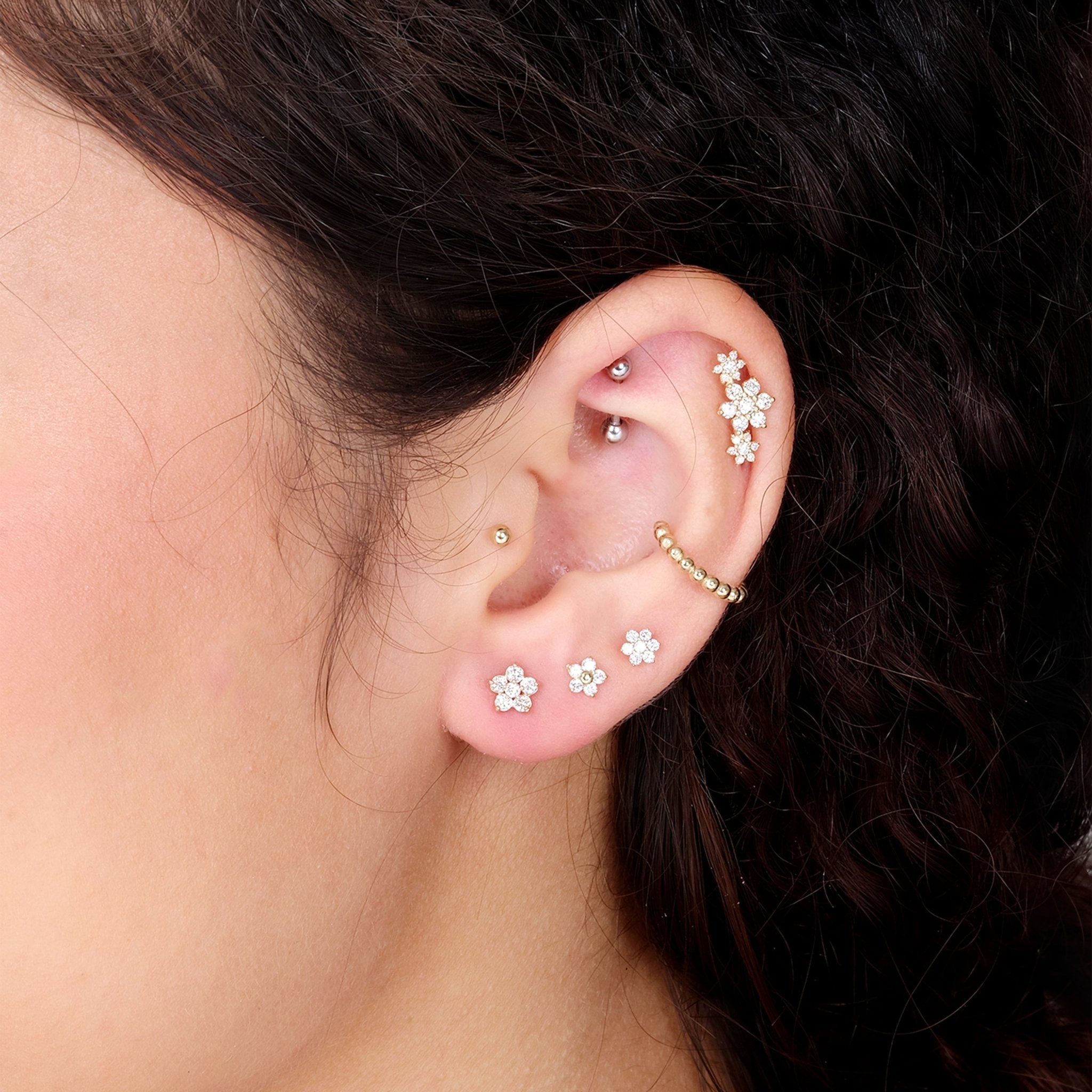 14K Rose Gold Diamond Three Flower Garland Flat Back Stud Earrings - Elegant Dainty Floral Jewelry for Women, Perfect for Weddings, Parties & Everyday Wear