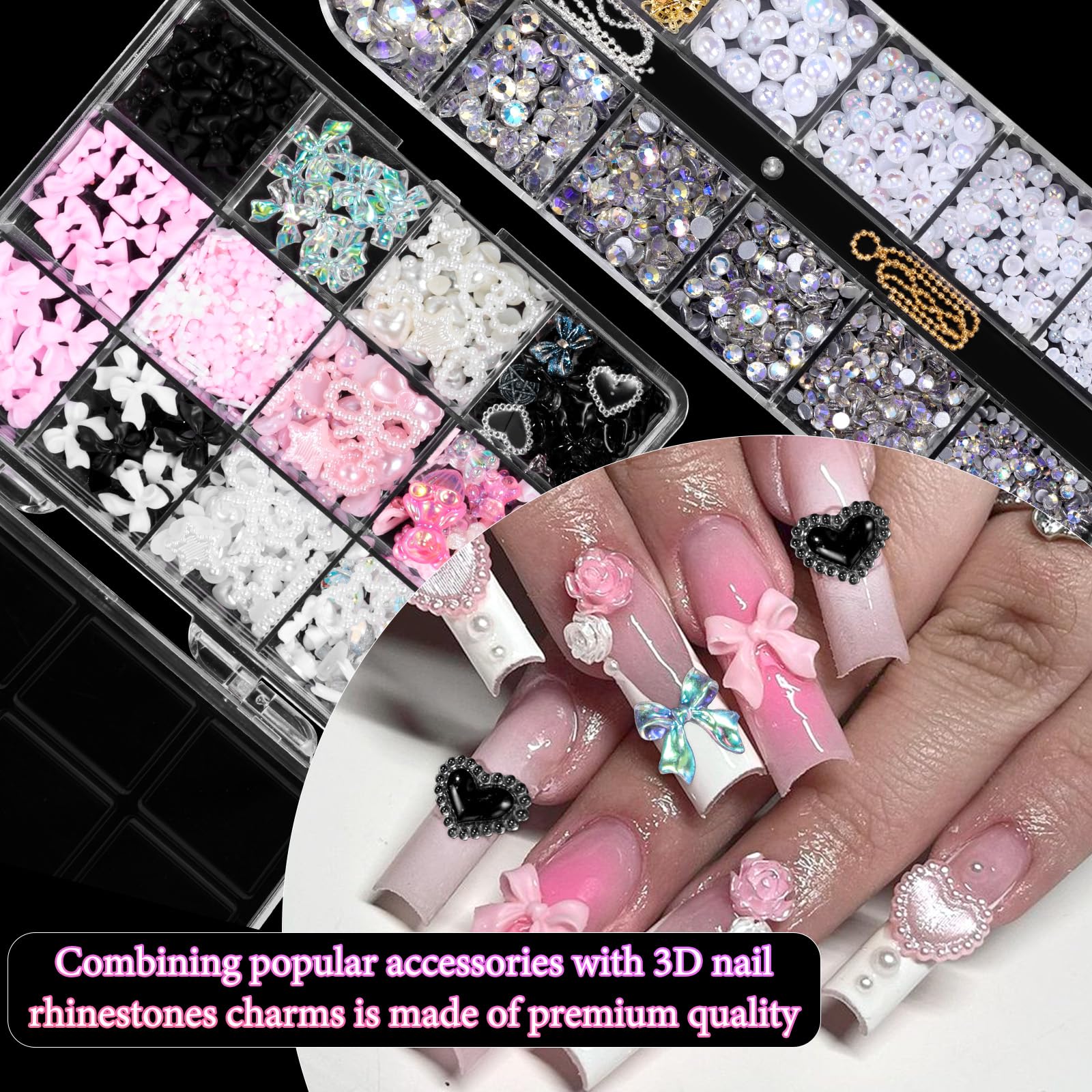 2 Boxes 3D Nail Art Charms Set - Bow, Bowknot, Butterfly, Flower, Half Round Pearl & Rhinestone, Star, Heart Pearls for DIY Nail Designs | Perfect for Salon, Home Manicure, Nail Art Enthusiasts & Gift Giving