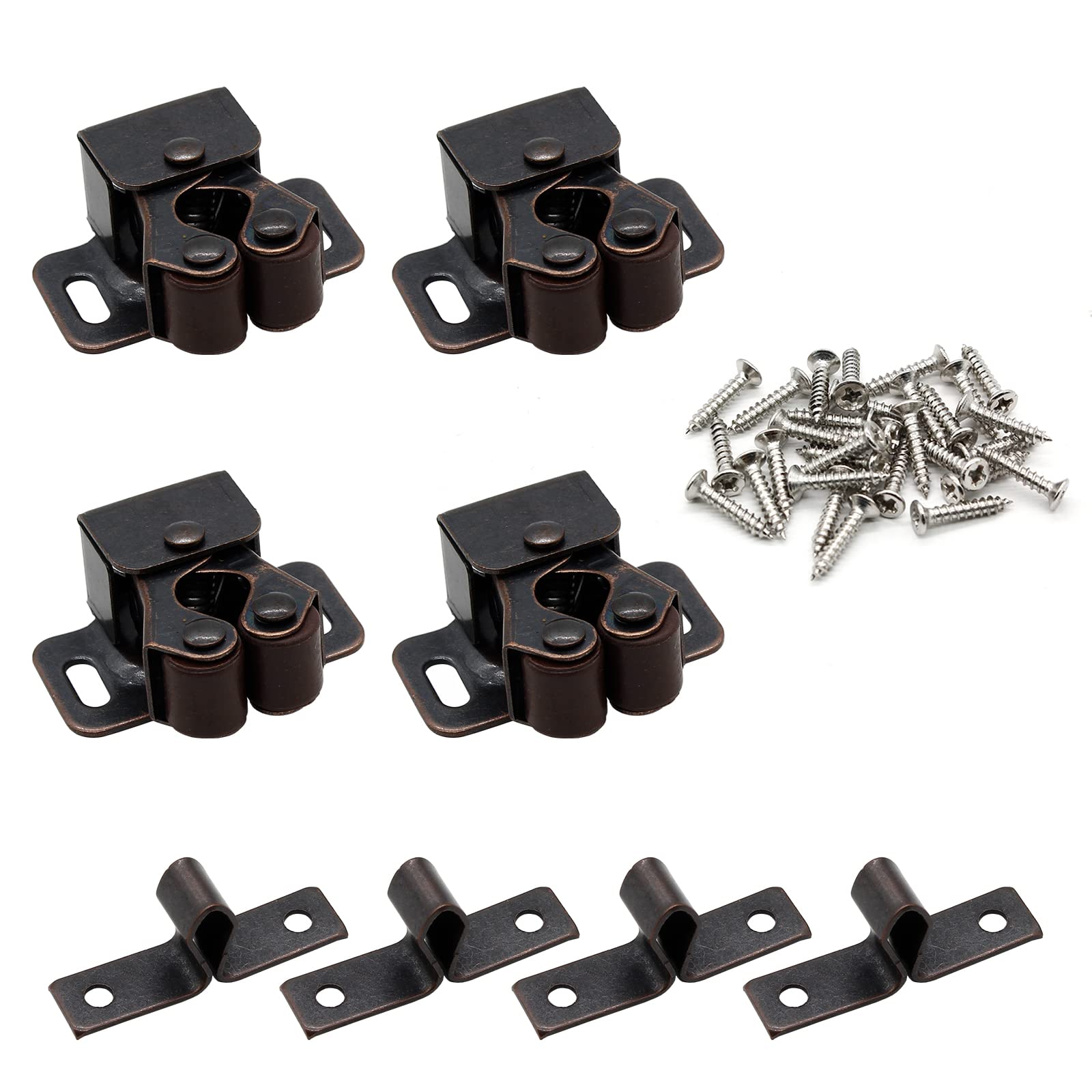 4 Pack Heavy Duty Double Roller Catch with Spear - Bronze Cabinet Door Latch for Cupboard, Closet & Drawers - Secure Cabinet Doors & Furniture (Ideal for Kitchen, Bathroom & Office Storage)