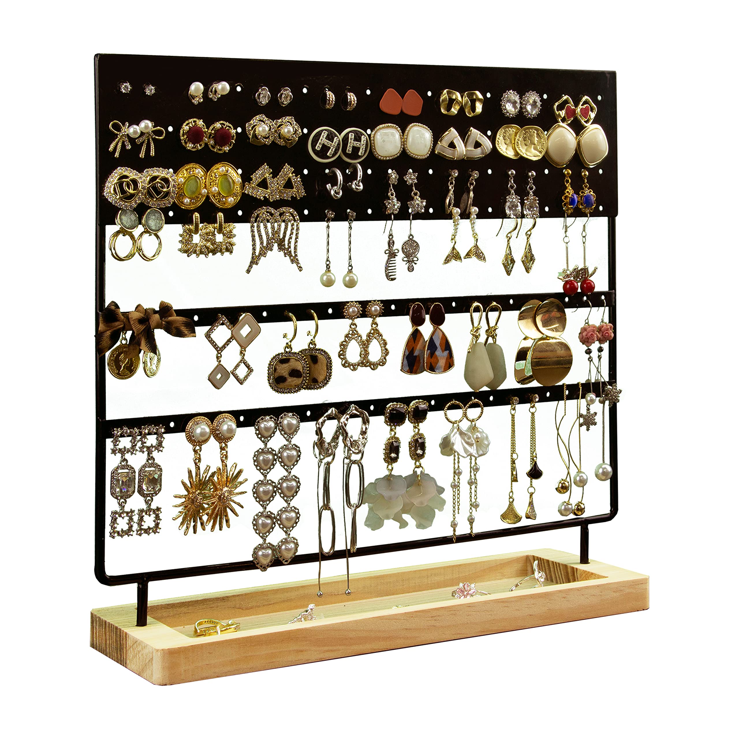 GLAUBIO Wooden Earring Holder & Jewelry Organizer - 144 Hole Display Stand for Earrings, Necklaces, Bracelets, Watches & Rings - Perfect for Bedroom, Closet & Jewelry Store Organization (Black)