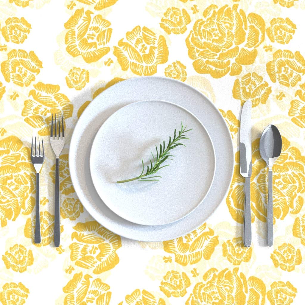 Custom Printed Cotton Sateen Tablecloth 70x108 Inches - Shadow Rose Sun Floral Botanical Pattern in Happy Gold Fiesta Colors | Large Flowery Bright Yellow Design for Dining Room, Kitchen, Party Decor & Special Occasions