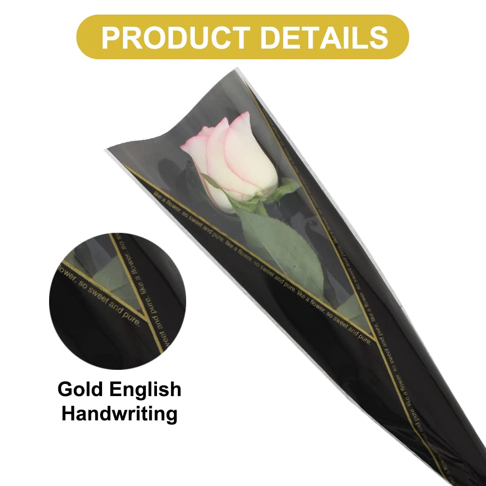 BEISHIDA 100 PCS Plastic Flower Sleeves for Single Roses - Black and Gold Letter Cellophane Wrapping for Florist Bouquets, Valentine's Day, Mother's Day Gifts - Perfect for Wedding, Anniversary and Romantic Occasions